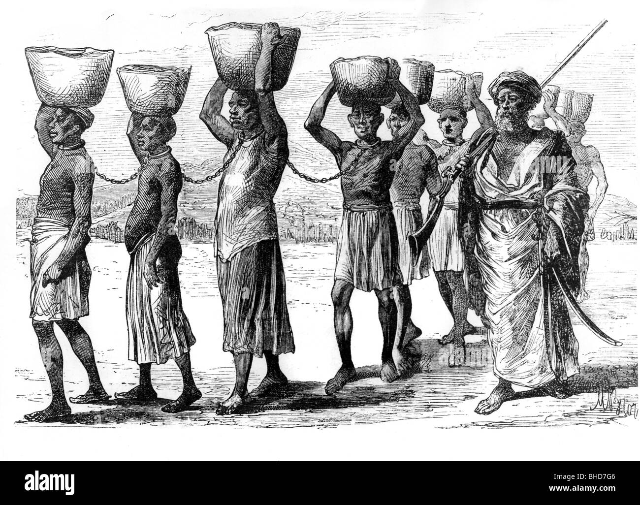 slavery, slaves chained together in Zanzibar, wood engraving, 1898, Stock Photo