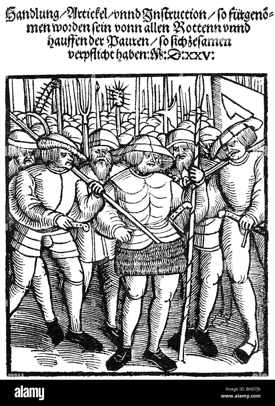 events, German Peasants' War 1524 - 1526, armed peasants, woodcut to a leaflet with the peasants' twelve artciles, 1525, weapons, uprising, Germany, ...