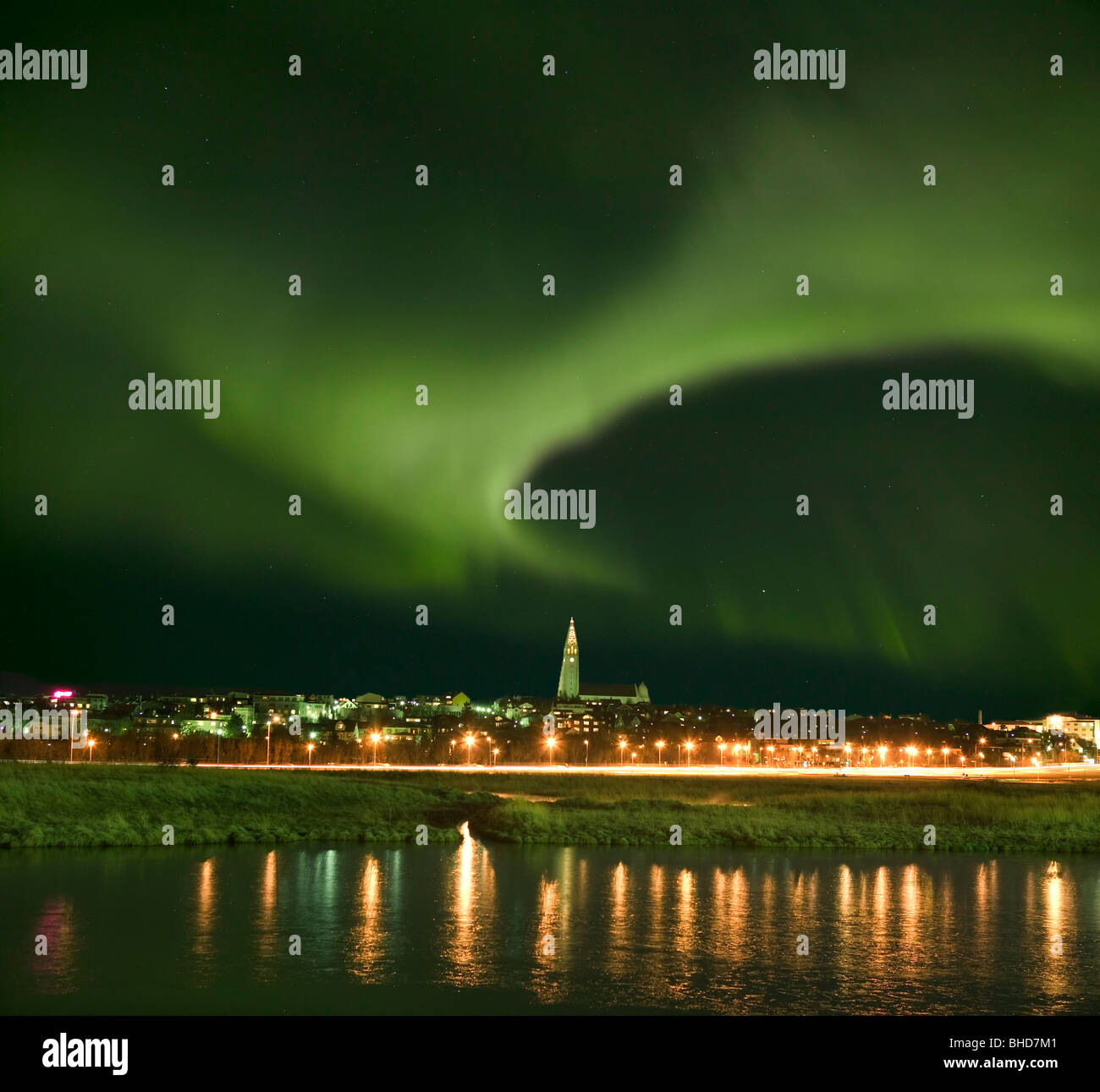 Aurora Borealis aka Northern Lights over Reykjavik, Iceland Stock Photo ...