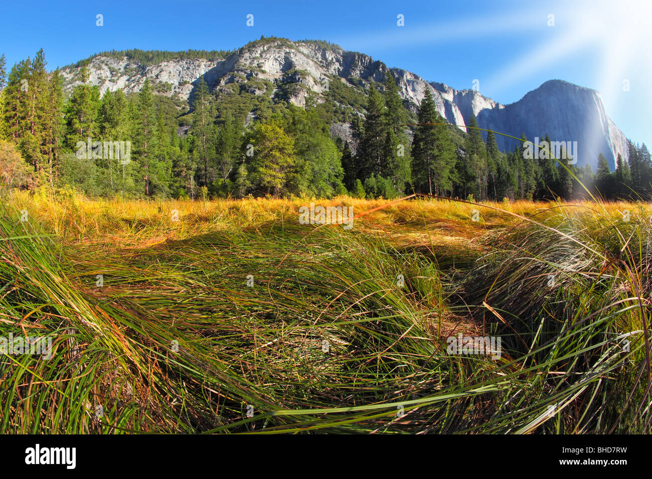 Grandiose landscape in a valley world-wide well-known Yosemite park. Sunrise, autumn Stock Photo