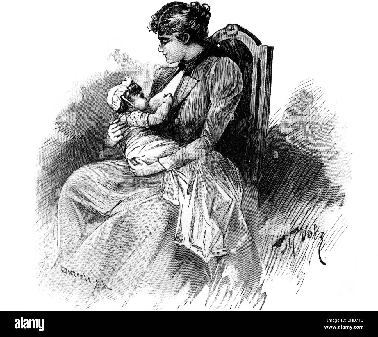 people, family, woman with child, breastfeeding woman, wood engraving, before 1918, Stock Photo