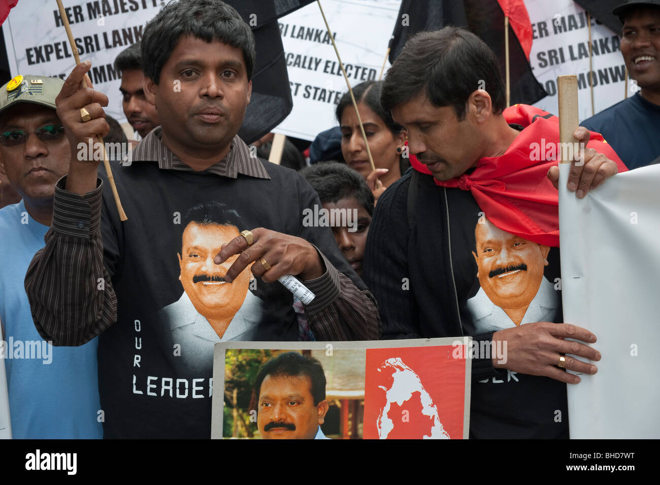'March for Imprisoned Tamils' London 20 June 2009. Men with images of killed Tamil Tiger leader Velupillai Prabhakaran Stock Photo