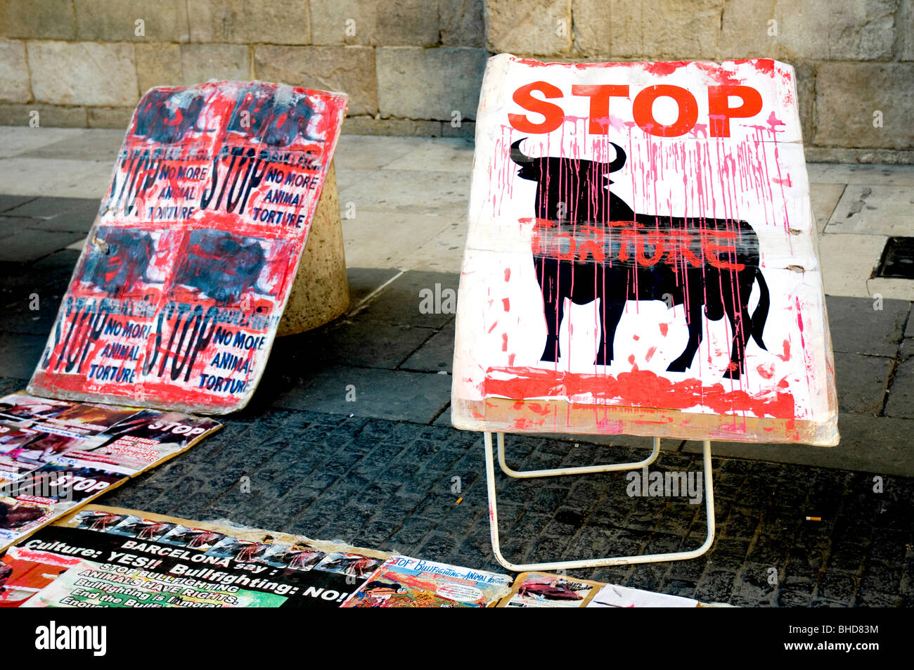 Placards against Spanish bullfighting in Barcelona, Spain Stock Photo