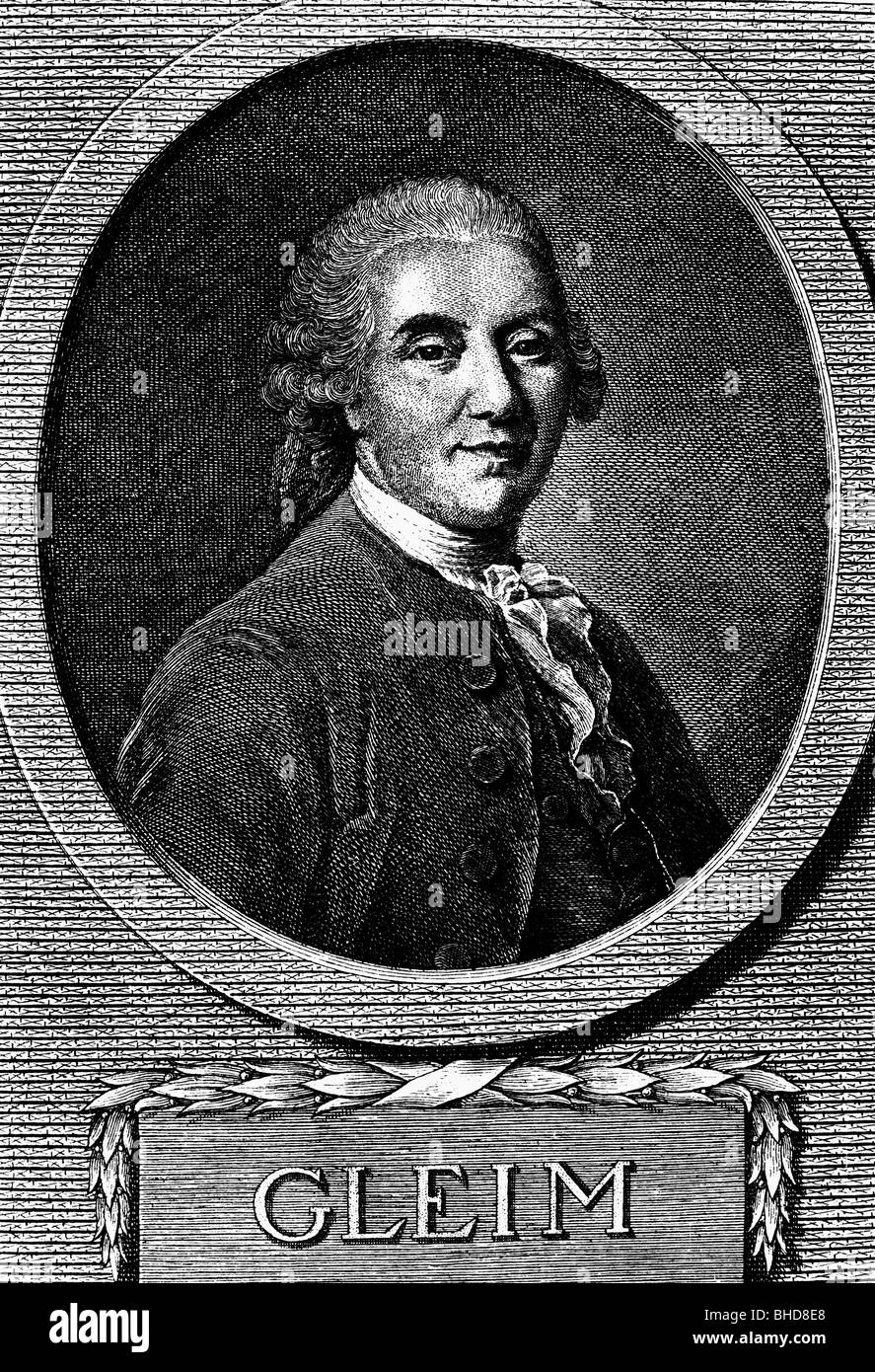 Gleim, Johann Wilhelm Ludwig, 2.4.1719 - 18.2.1803, German poet, portrait, oval, copper engraving by G. W. Weise after painting by J. H. Tischbein the Elder, , Artist's Copyright has not to be cleared Stock Photo