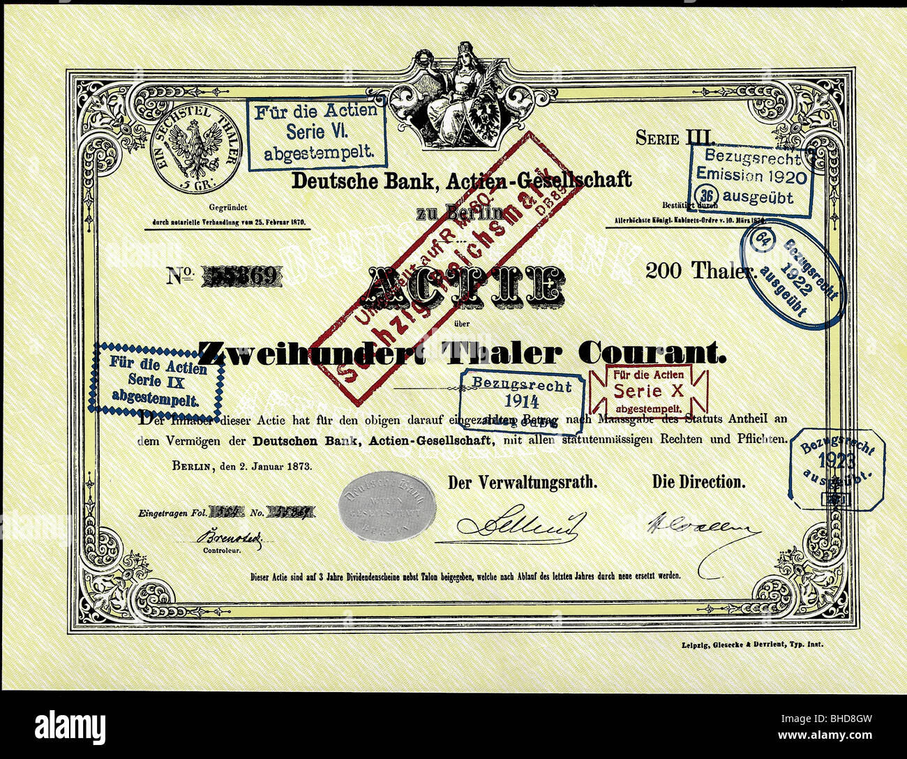 money / finance, stocks, stock of the German Bank about 200 Prussian Taler, Berlin, 1873, converted to 60 Reichsmark, historic, historical, thaler, thalers, reichsmark, Reichmark, currency reform, currency reforms, 1876, currency conversion, 19th century, Stock Photo