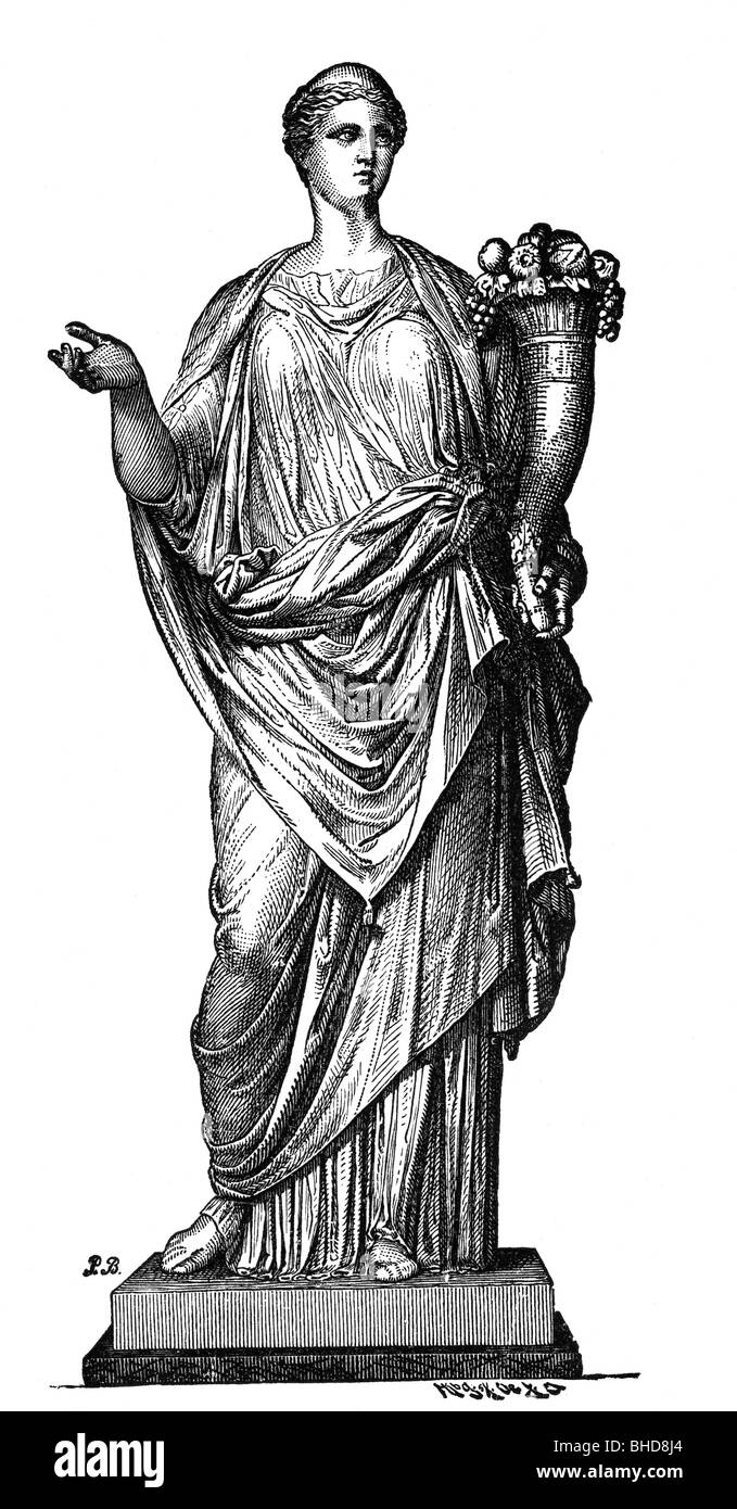 Fortuna, Roman goddess of fortune, personification of luck, full length, in Roman female dress, after ancient statue, wood engraving, 19th century, Stock Photo