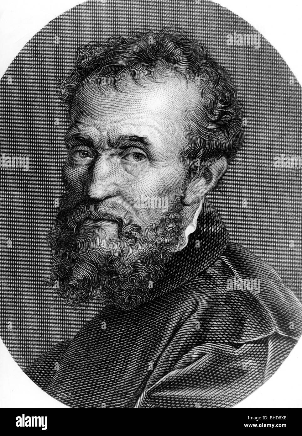 Michelangelo Buonarotti, 6.3.1475 - 18.2.1564, Italian sculptor, painter, architect and author / writer, portrait, steel engraving, by Jacob Fleischmann, Nuremberg, Germany, 19th century, Artist's Copyright has not to be cleared Stock Photo