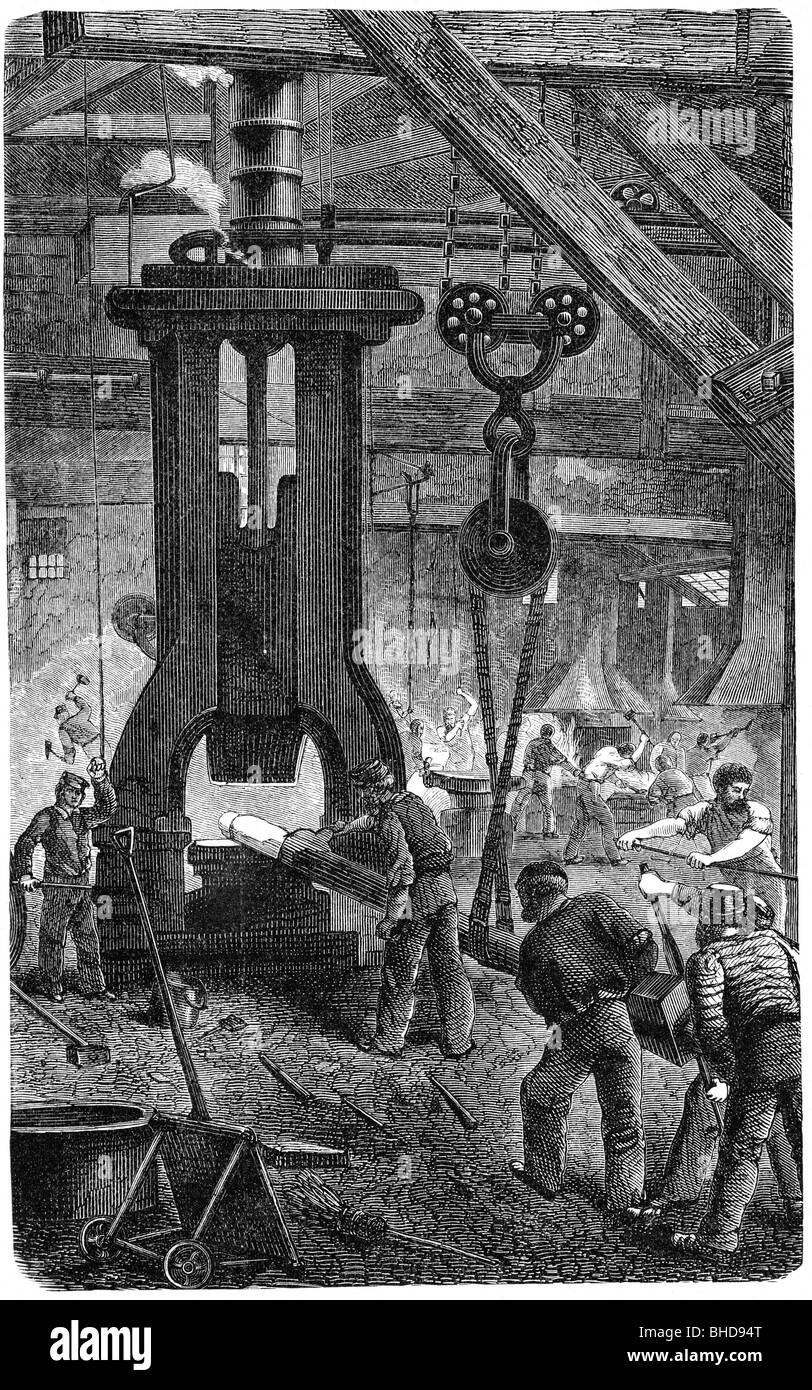 industry, metal, Krupp company, steam hammer, wood engraving, 19th century, historic, historical, industrialization, industrialisation, worker, workers, people, Stock Photo