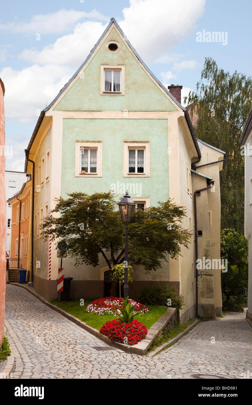 Small house in a narrow cobbled street in Passau, Bavaria, Germany, Europe Stock Photo