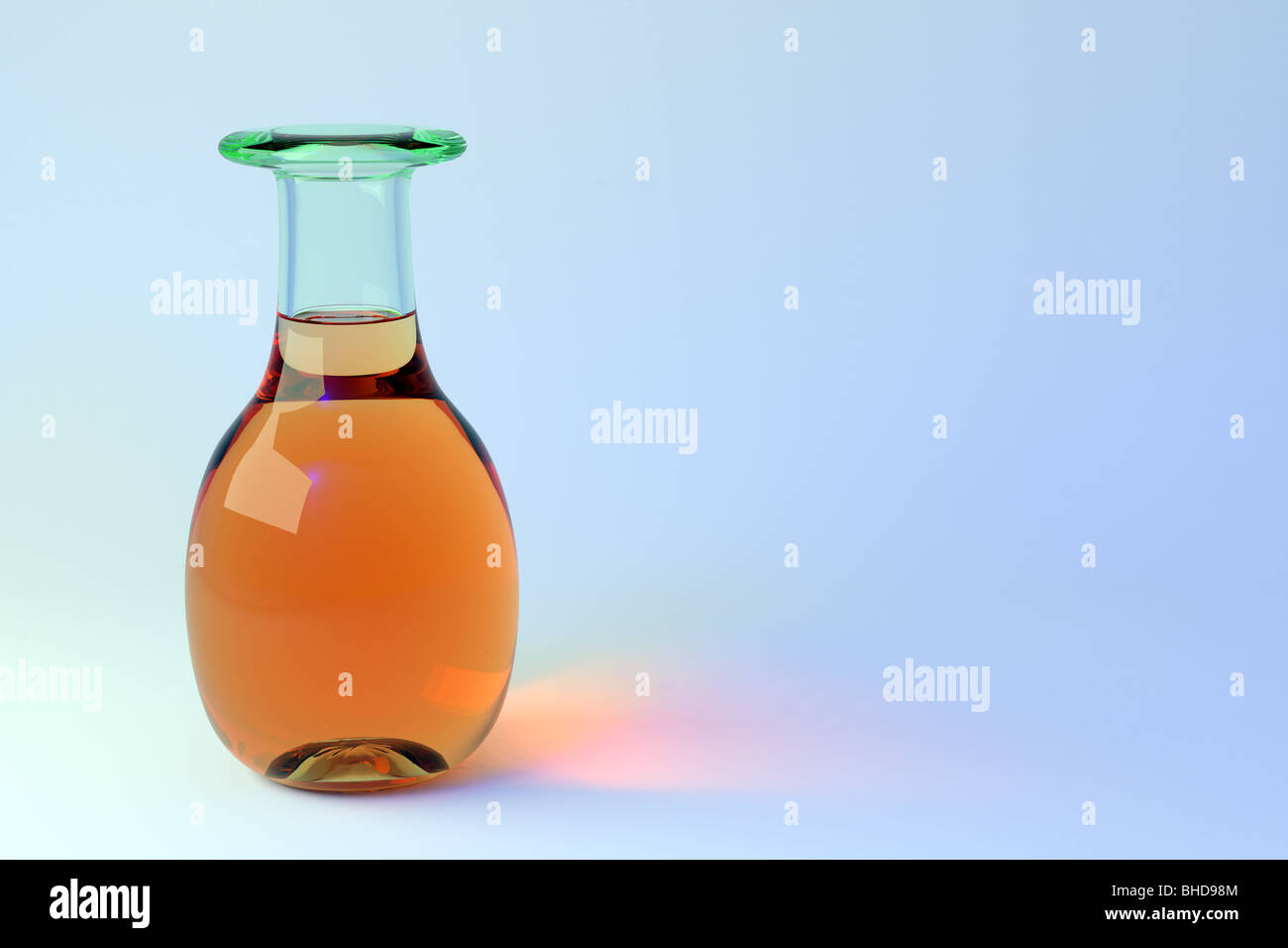 Hi-res 3D render of a glass bottle with an auburn liquid with reflections and refraction. Stock Photo