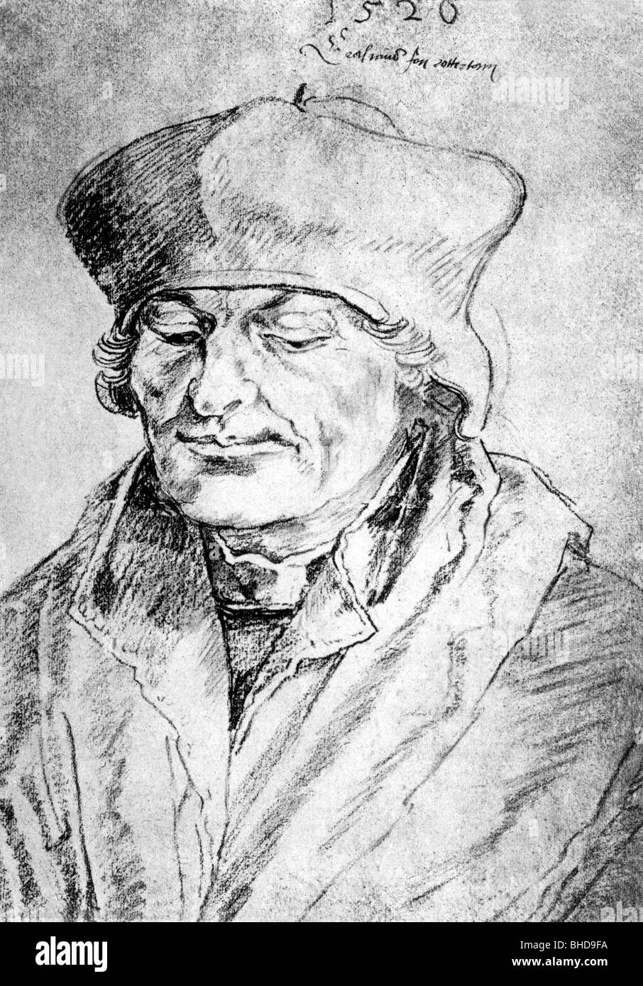 Desiderius Erasmus of Rotterdam, actually Geert Geertsen, 27.10.1469 - 12.7.1536, Dutch philosopher, theologian, portrait, charcoal drawing, by Albrecht Duerer, 1520, Artist's Copyright has not to be cleared Stock Photo