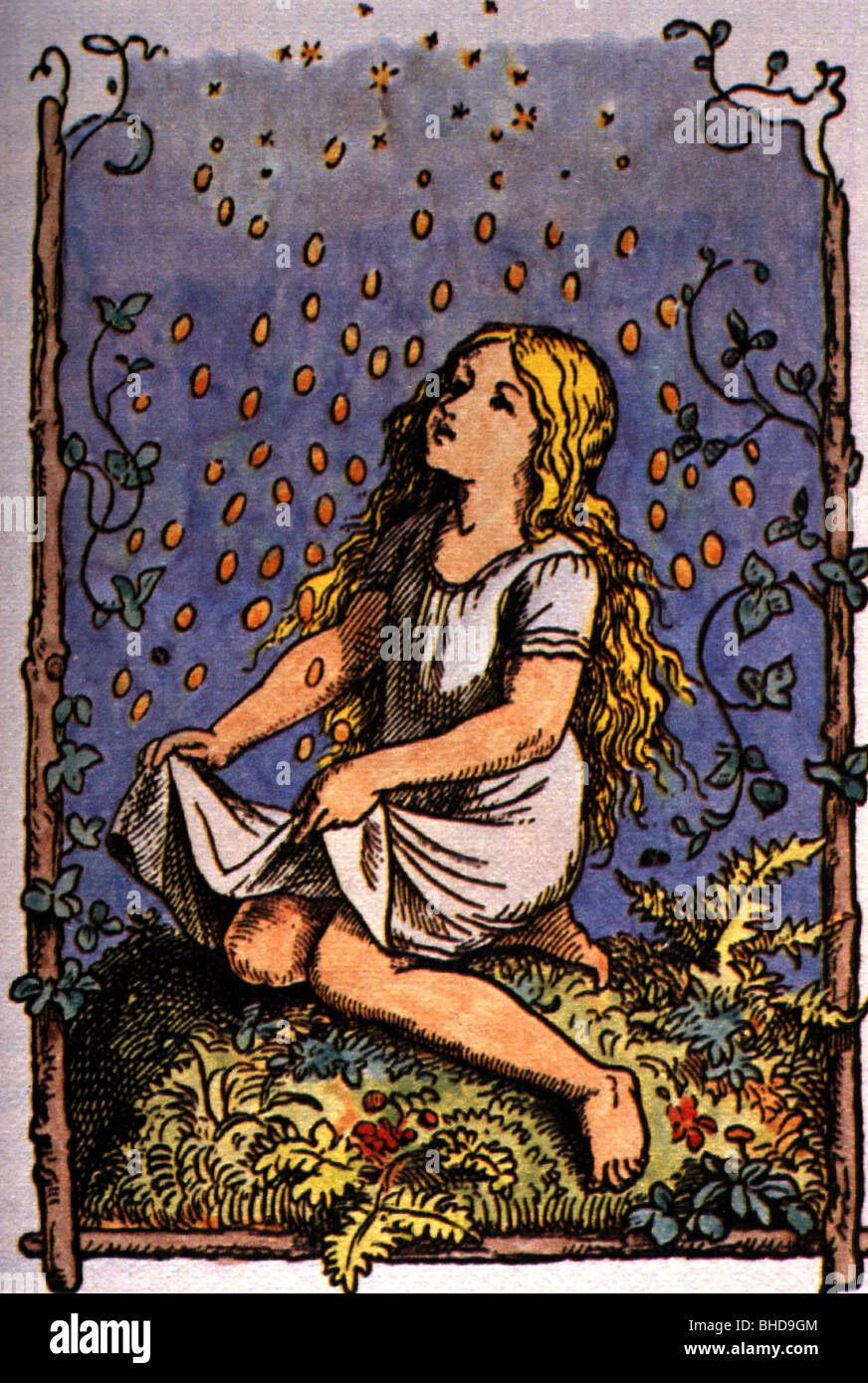 literature, fairy tales, 'Sterntaler' (The Star Money), Brothers Grimm, gold raining on girl, illustration, Stock Photo