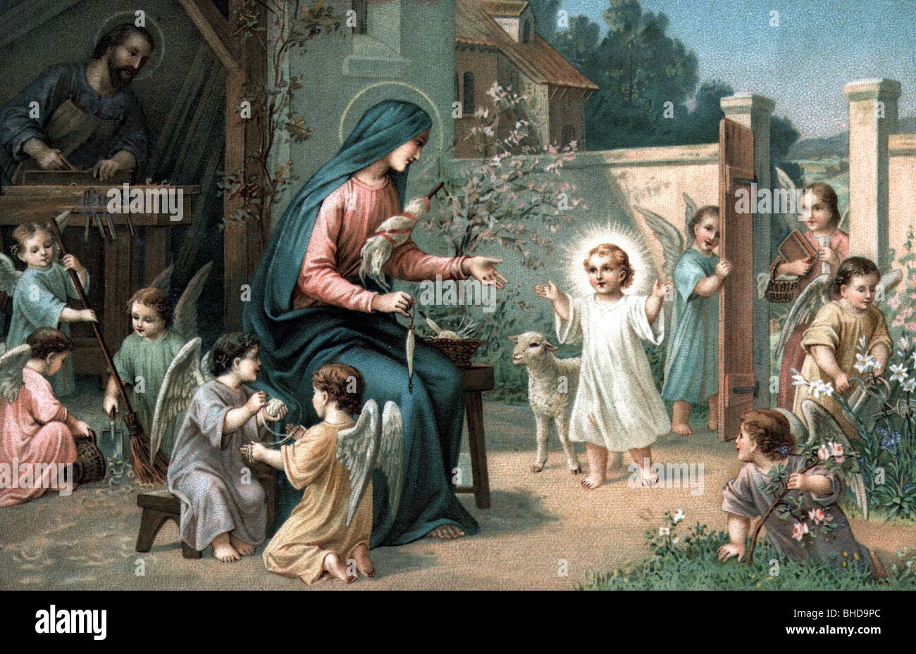 festivity, Easter, Holy Family and angels, postcard, 19th century, historic, historical, religion, Christianity, Jesus Christ, Joseph, madonna, Mary, garden, carpenter, gate, wall, gloriole, kitsch, religious art, child, kid, workshop, playing, lamb, people, Stock Photo