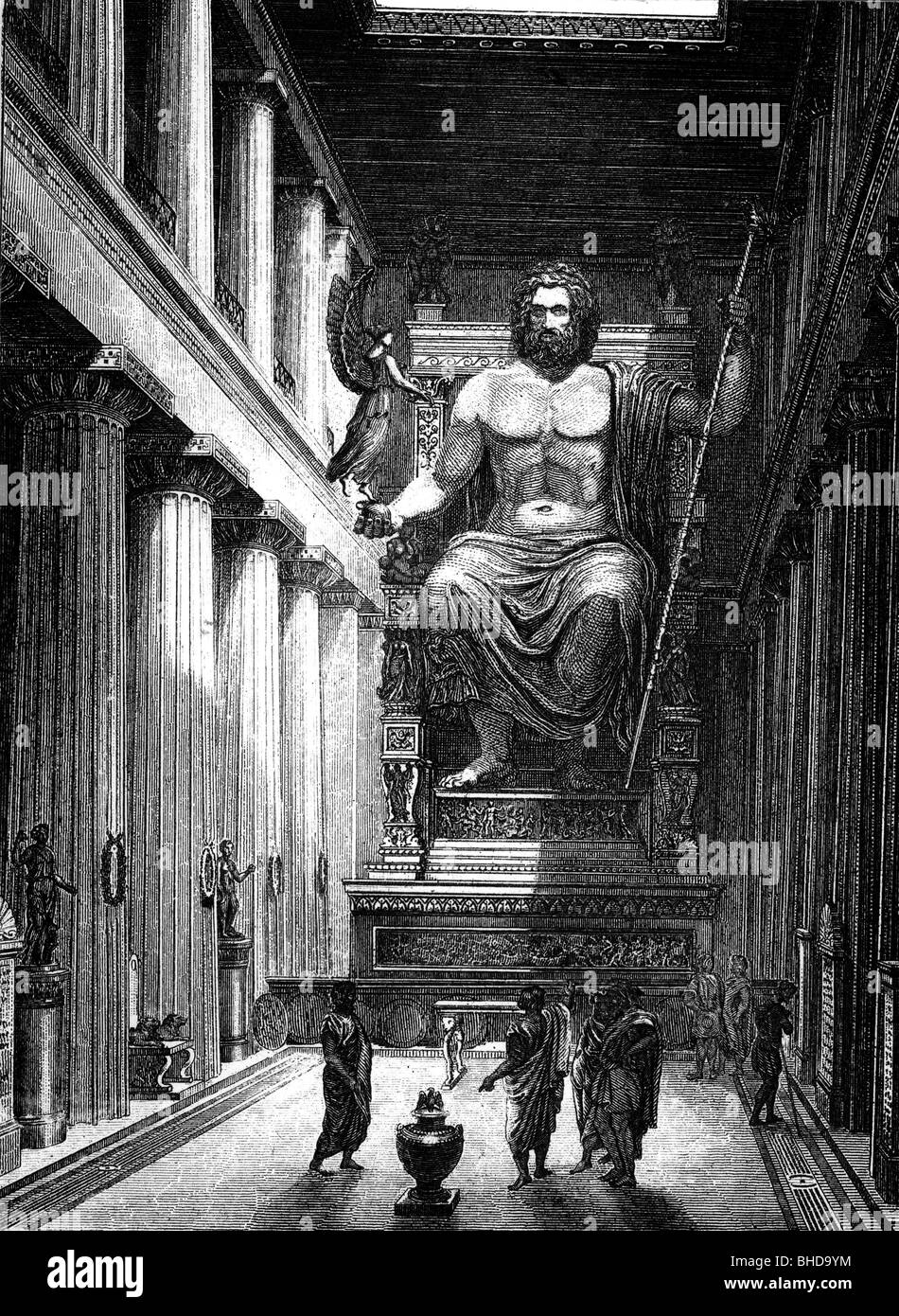 Ancient World, Seven Wonders of the World, Temple of Zeus at Olympia, interior view with statue by PÜhidias, reconstruction, wood engraving, 19th century, graphic, graphics, statue, architecture, Jupiter, Jove, historic, historical, ancient world, Greece, people, Stock Photo