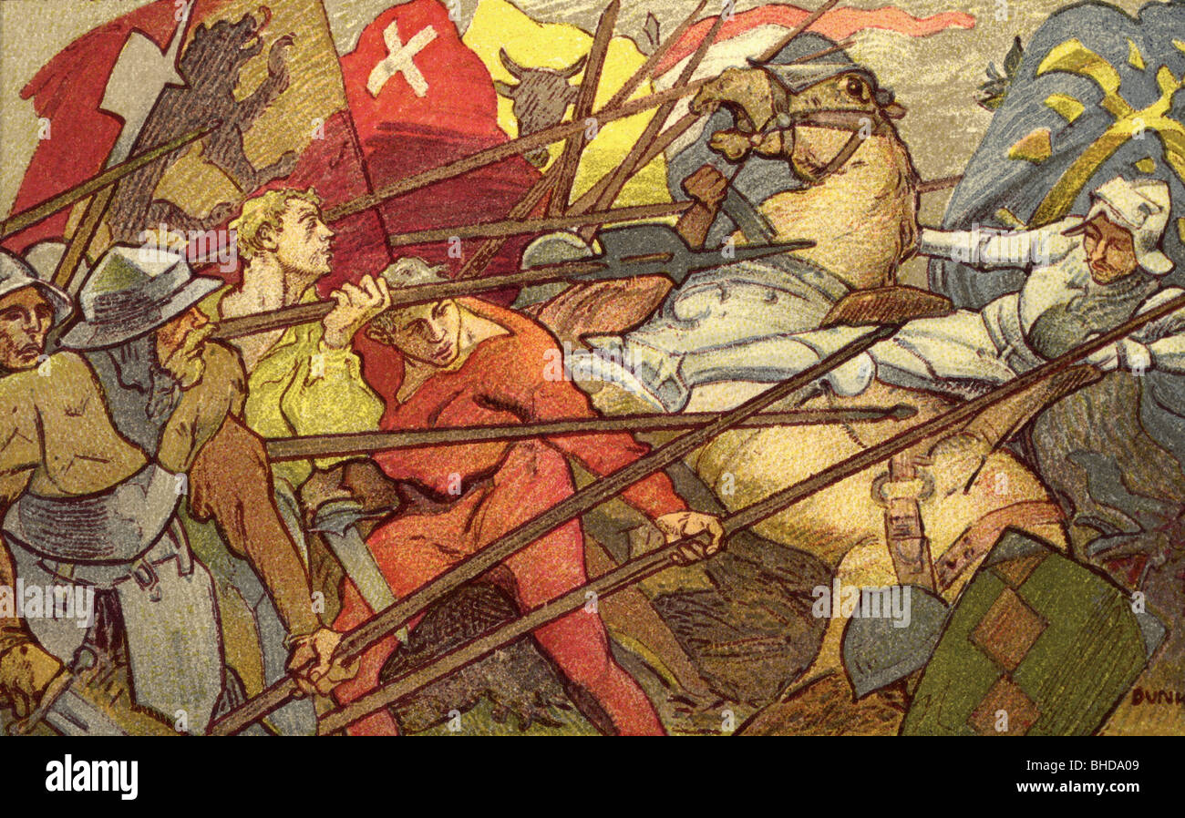Sempach War 1385 - 1386, Battle of Sempach, 9.7.1386, victory of the Swiss confederates over the army of Leopold III of Austria, colour lithograph of Louis ...