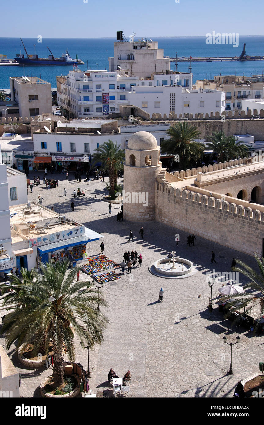View of Grande Mosquee and harbour from Ribat Tower, Sousse, Sousse Governorate, Tunisia Stock Photo