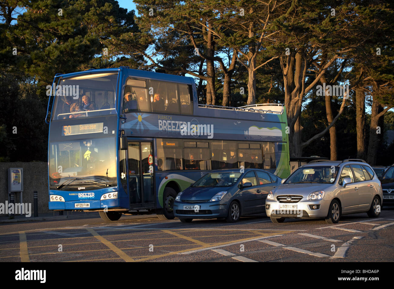 Wilts & Dorset breezer bus and cars stopped at Sandbanks Ferry way waiting for the chain ferry across to Studland and Swanage Stock Photo