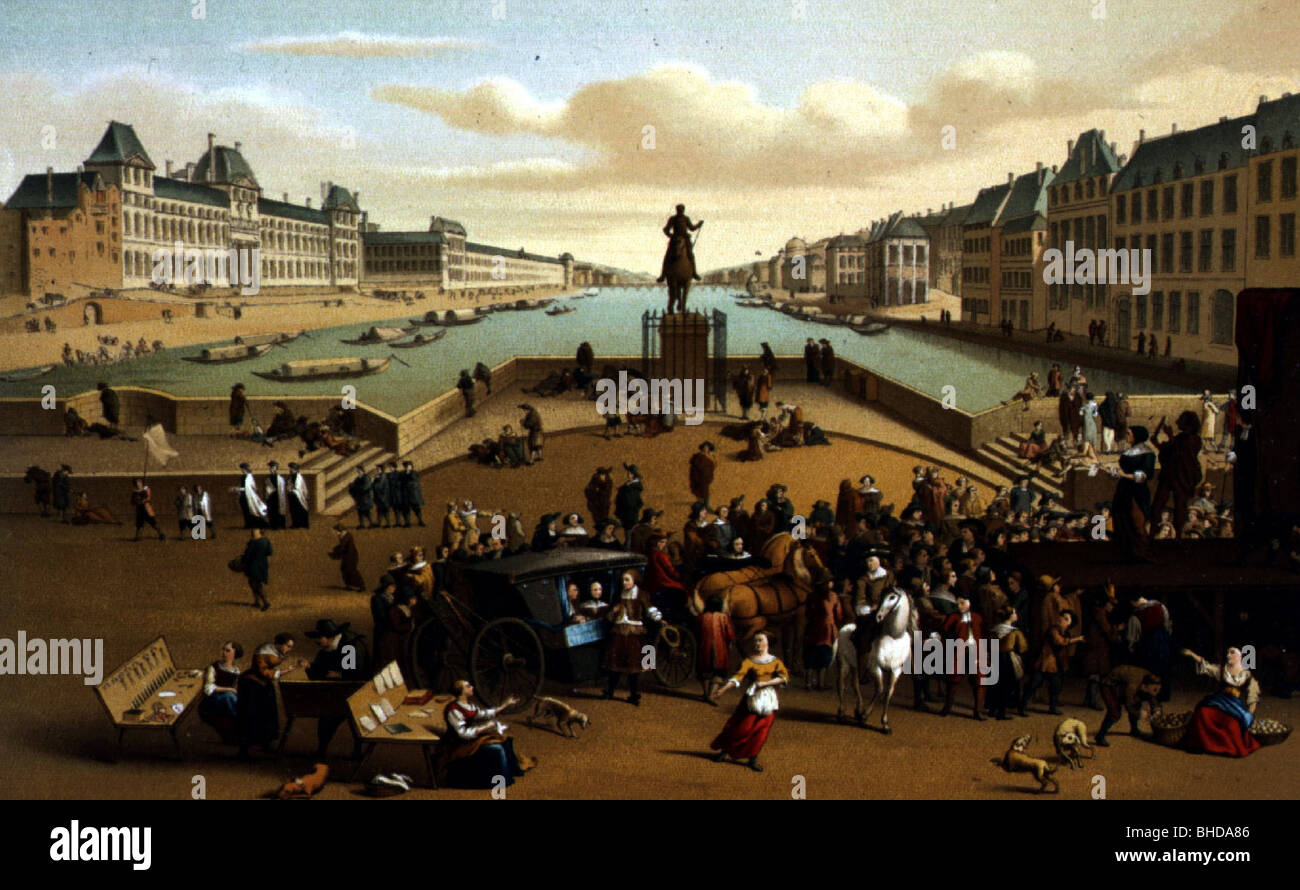 geography / travel, France, Paris, Pont Neuf, 17th century, after contemporary painting, chromolithograph by Gaulard, circa 1880, Stock Photo
