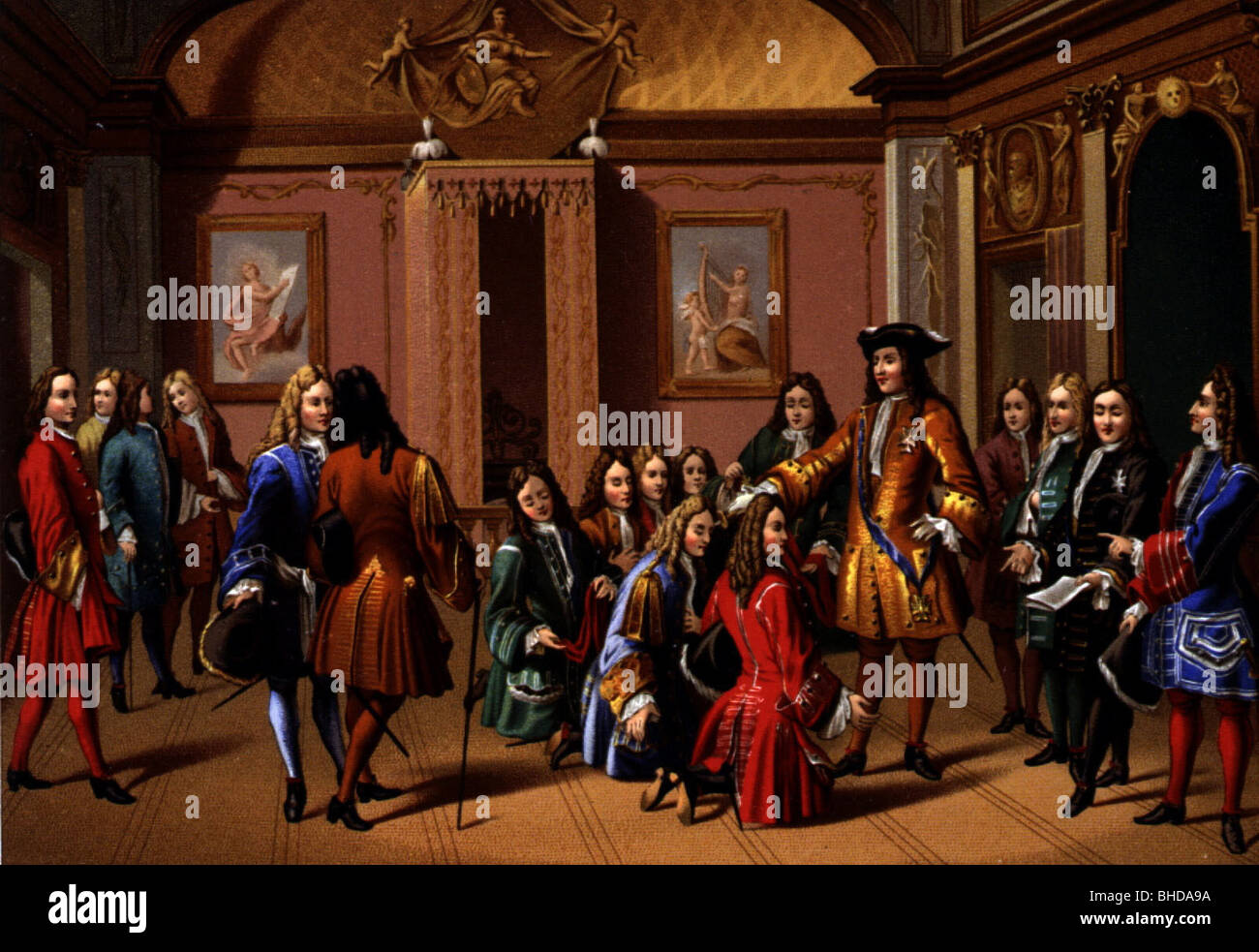 military, France, 17th century, King Louis XIV conferring Royal and Military Orders of Saint Louis, chromolithograph by Gaulard after painitng by Le Brun, Versailles, historic, historical, knights, knight, Bourbon, medal, knight, accolade, court, nobility, noblemen, people, Stock Photo