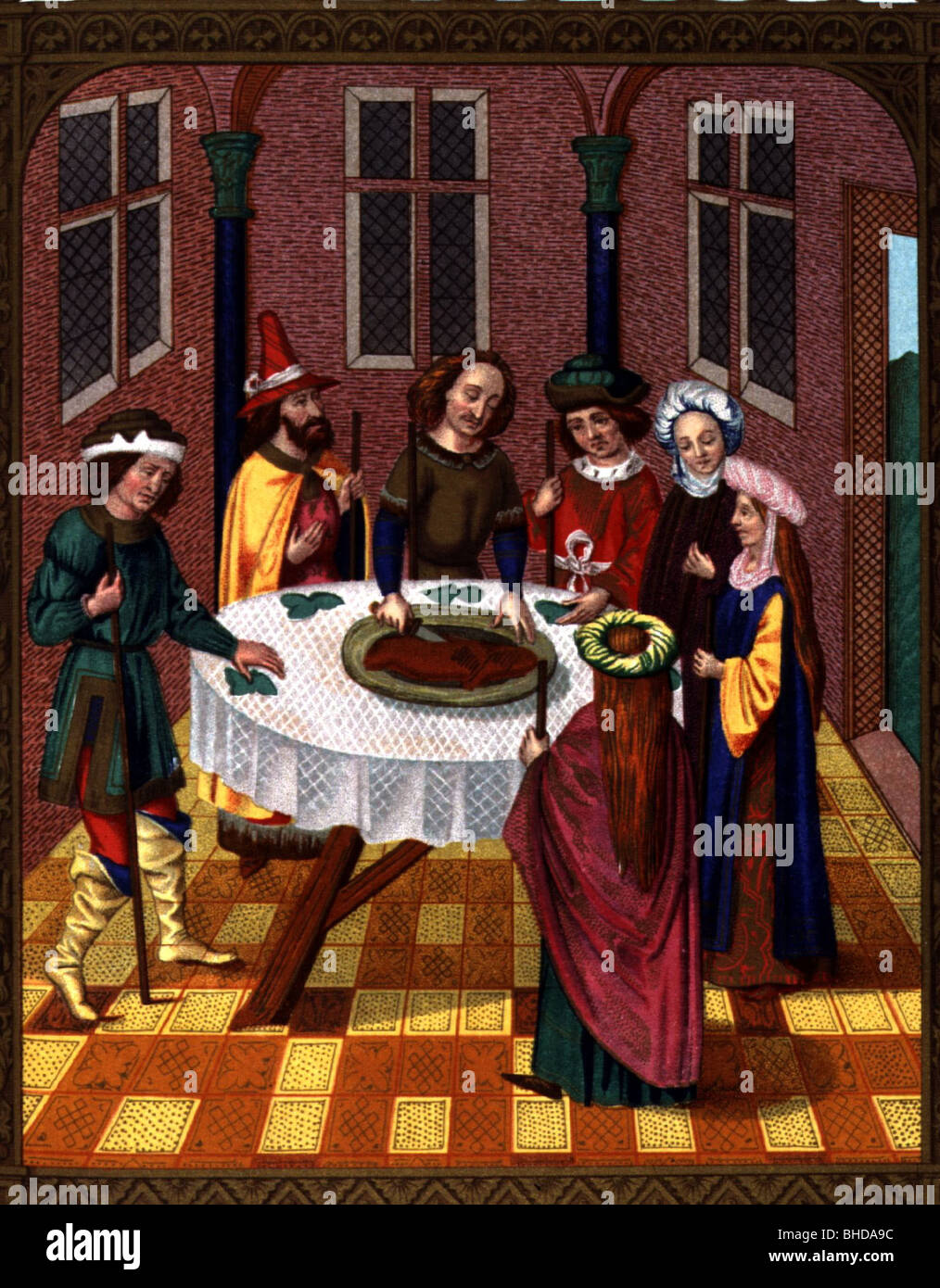 religion, Judaism, Jews celebrating Passover, chromolithograph after miniature from a missal, 15th century, painting after the school of van Eyck, Bibliotheque de l'Arsenal, Paris, historic, historical, Jewry, Middle Ages, eating, cutting bread, medieval, people, Stock Photo