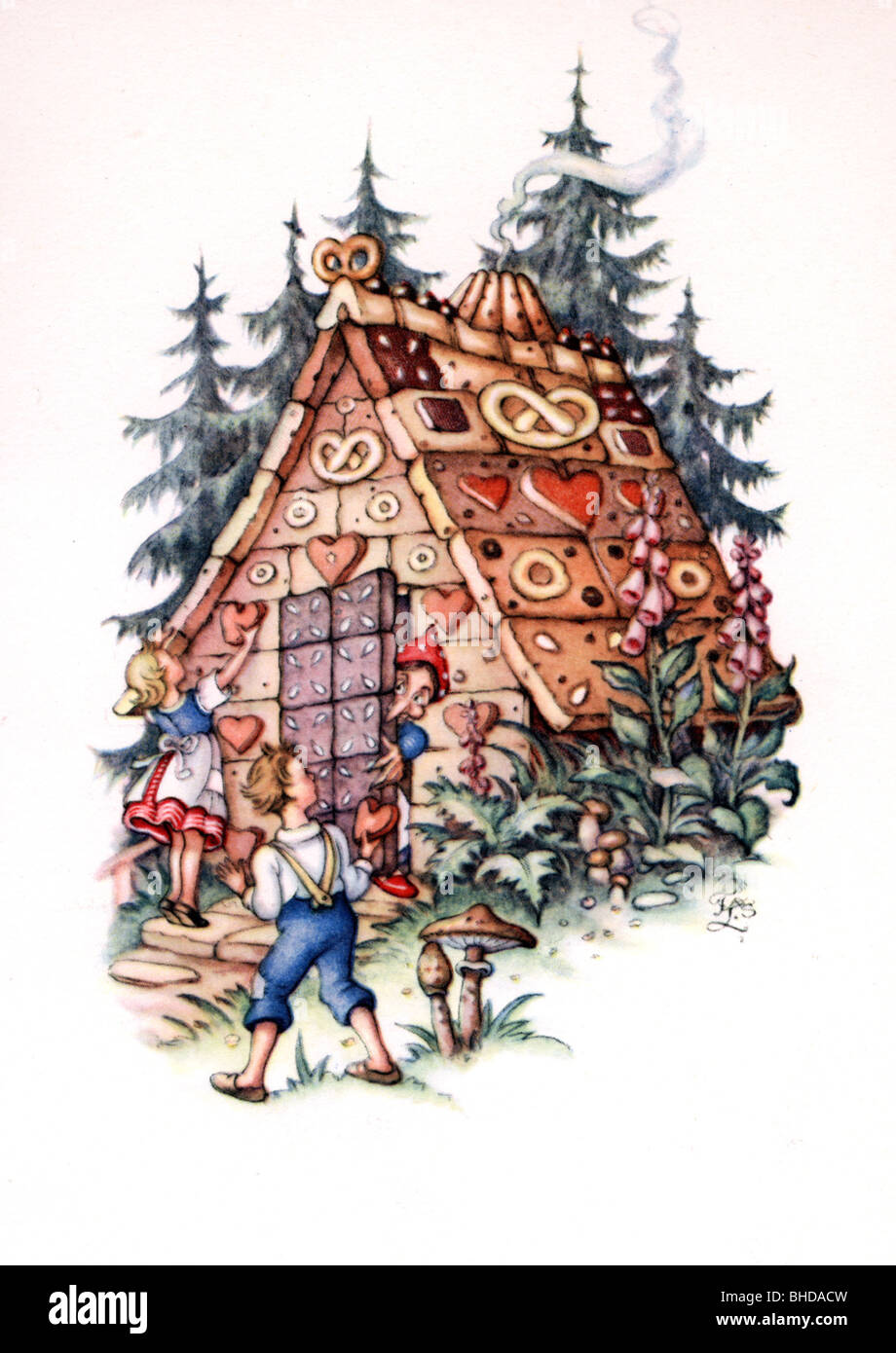 literature, fairy tales, Hansel and Gretel, Brothers Grimm, colour drawing, tale, gingerbread house, cottage, witch, mushrooms, children, kids, siblings, historic, historical, people, Stock Photo