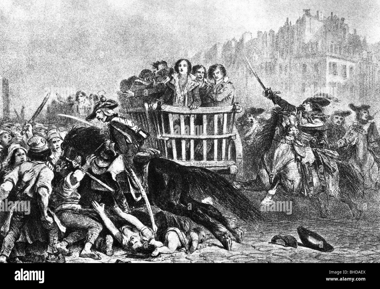 geography / travel, France, French Revolution 1789, reign of terror, the last cart is drving to guillotine, 1797, drawing by Auguste Raffet, 19th century, historic, historical, guillotine, National Guard, convict, victims, enraged crowds, crowd of people, insurgent, insurgents, rebel, rebels, revolter, revolters, citizen, insurgency, revolt, rebellion, insurgencies, revolts, rebellions, be in revolt, wagon, on the way to execution, politics, event, events, Stock Photo