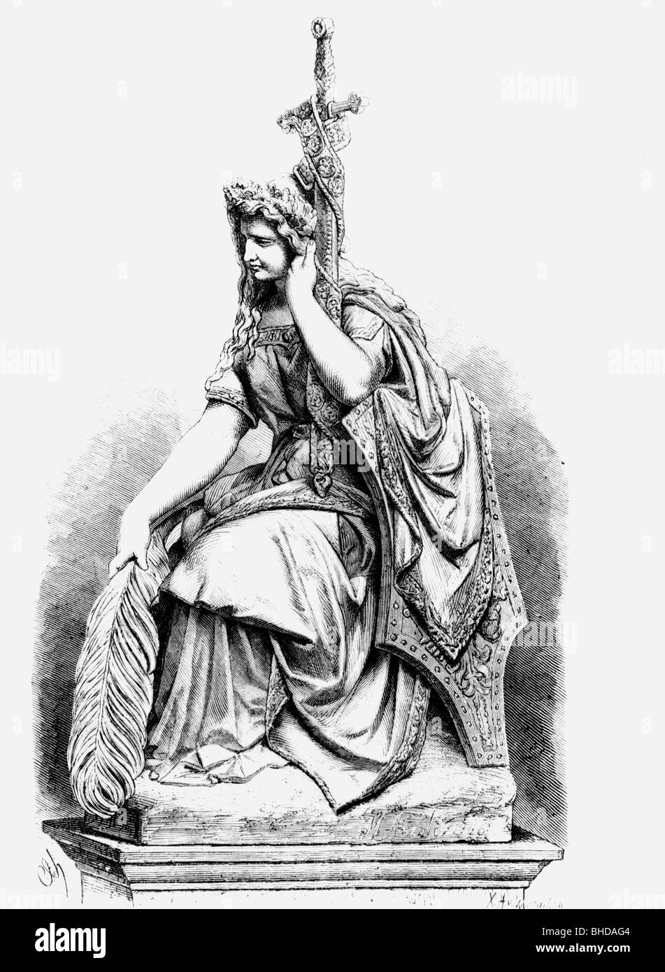 Germania, personification of the German Nation, wood engraving by Wilhelm Aarland, after statue by Arnold from 1866 on the cemetery of Kissingen, Germany, Stock Photo