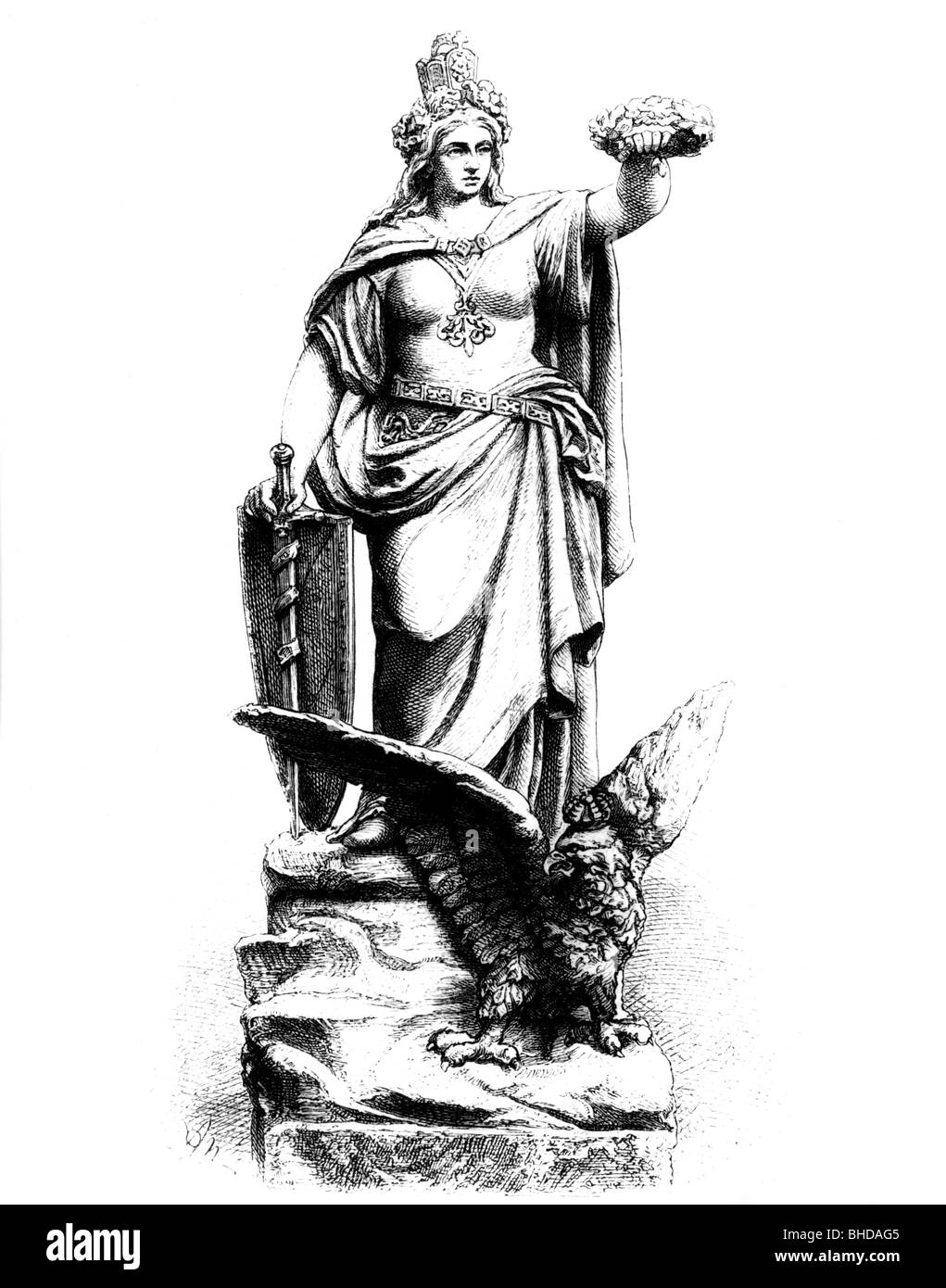 Germania, personification of the German Nation, wood engraving by Adolf Neumann after statue by Karl Ludwig Albrecht, 19th century, Stock Photo