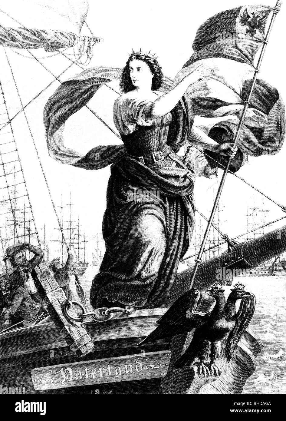 Germania, personification of the German Nation, at sea, wood engraving after drawing by Lorenz Clasen (1812 - 1899), Stock Photo