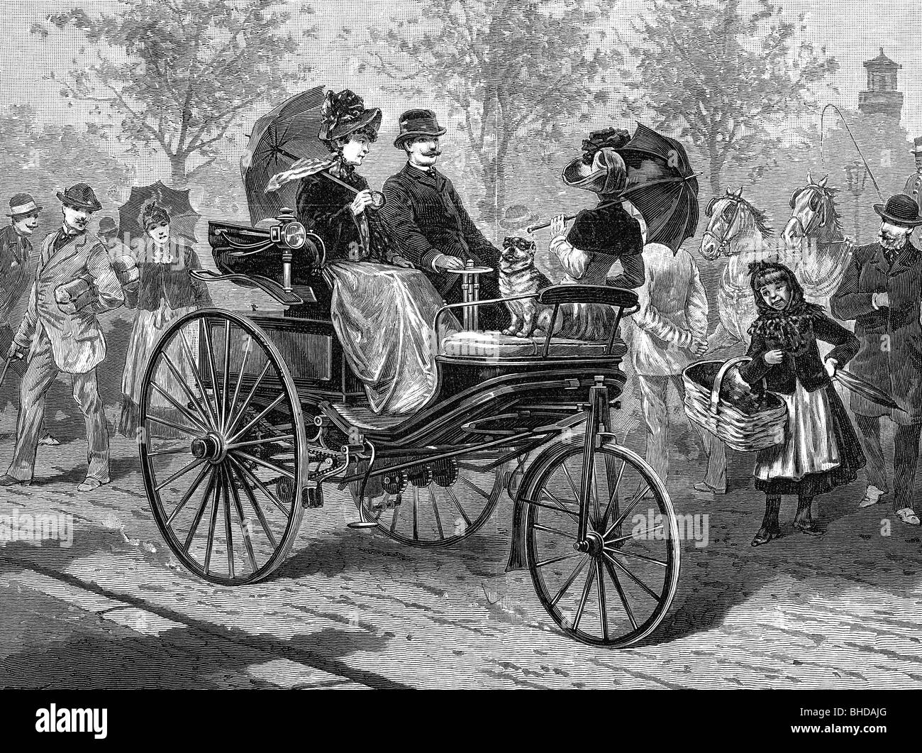 transport / transportation, car, vehicle variants, Benz, Patent-Motorwagen 3, wood engraving, 1888, 19th century, graphic, graphics, Germany, German Empire, driving, motor car, auto, passenger car, motorcar, motorcars, autos, passenger cars, autocar, automobile, autocars, automobiles, power-driven vehicle, motor vehicle, motor vehicles, driving machine, vehicle, vehicles, transport, transportation, car, cars, historic, historical, people, Stock Photo