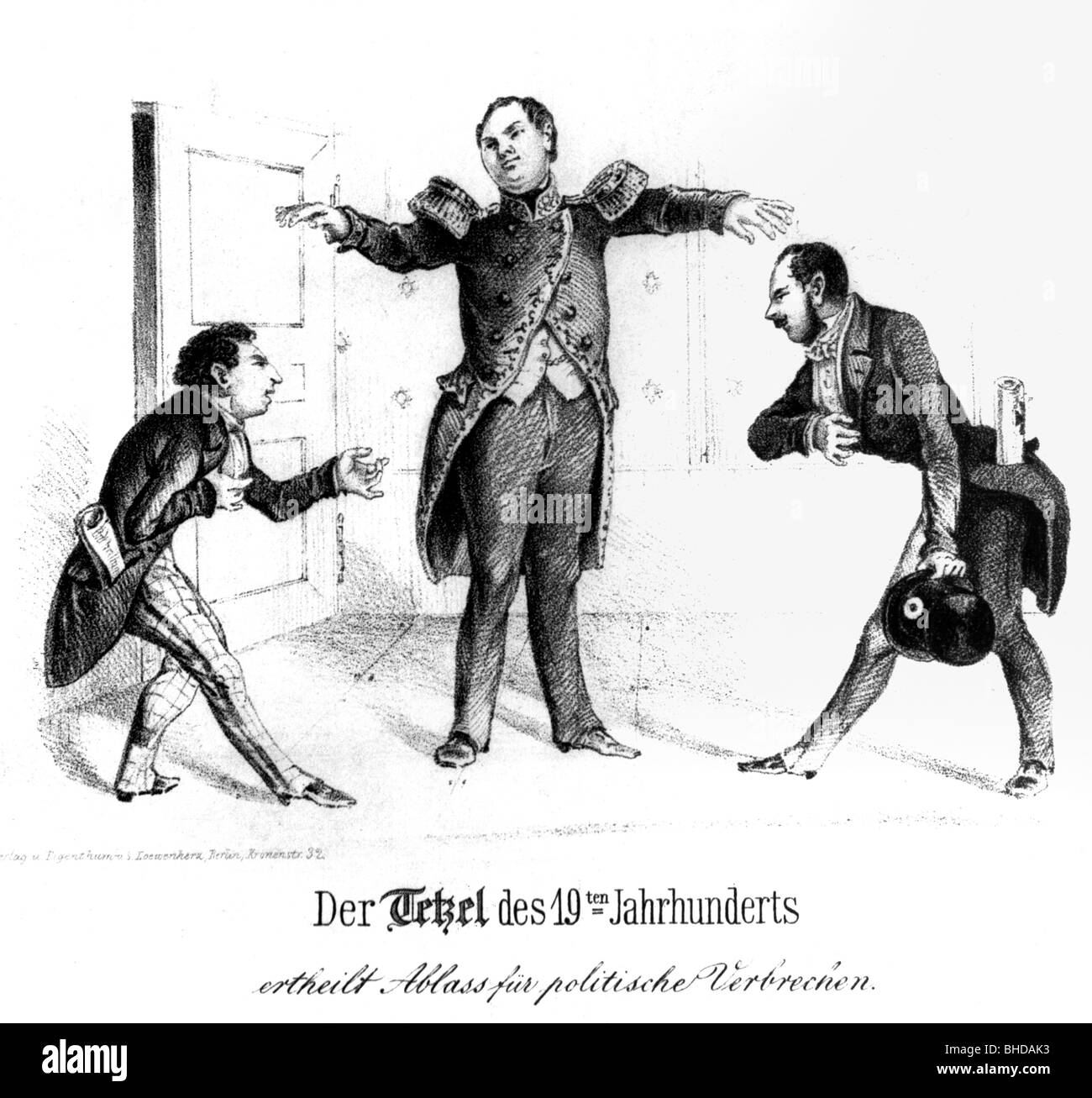 Frederick William IV, 15.10.1795 - 2.1.1861, King of Prussia 7.6.1840 - 26.10.1858, caricature, 'The 19th century Tetzel', lithograph by S. Loewenherz, Berlin, 1848, , Stock Photo