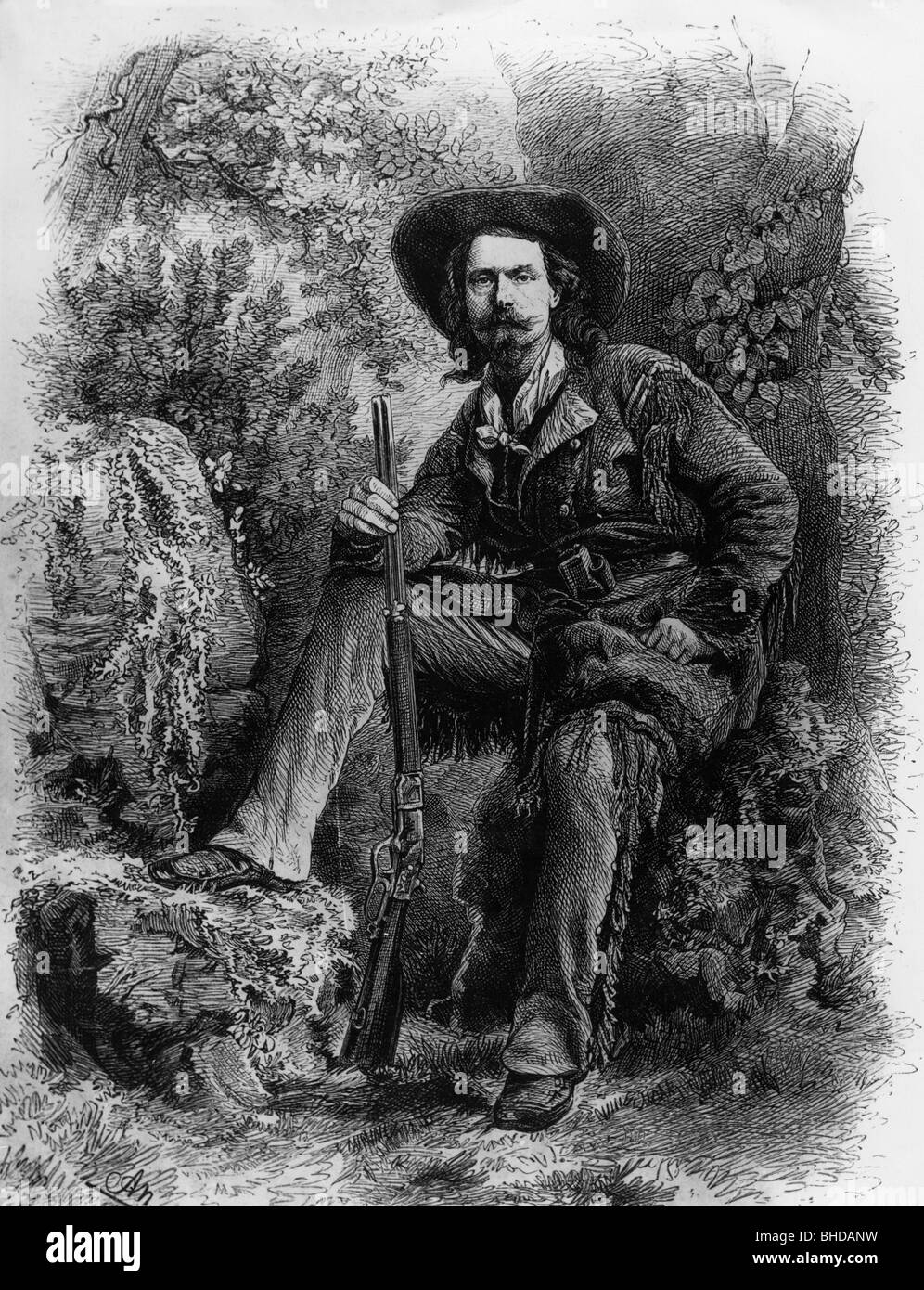 Cody, William Federick, 26.2.1846 - 10.1.1917, US soldier, bison hunter, after photgraph, wood engraving by Adolf Neumann (1825 - 1884), 1877, Stock Photo