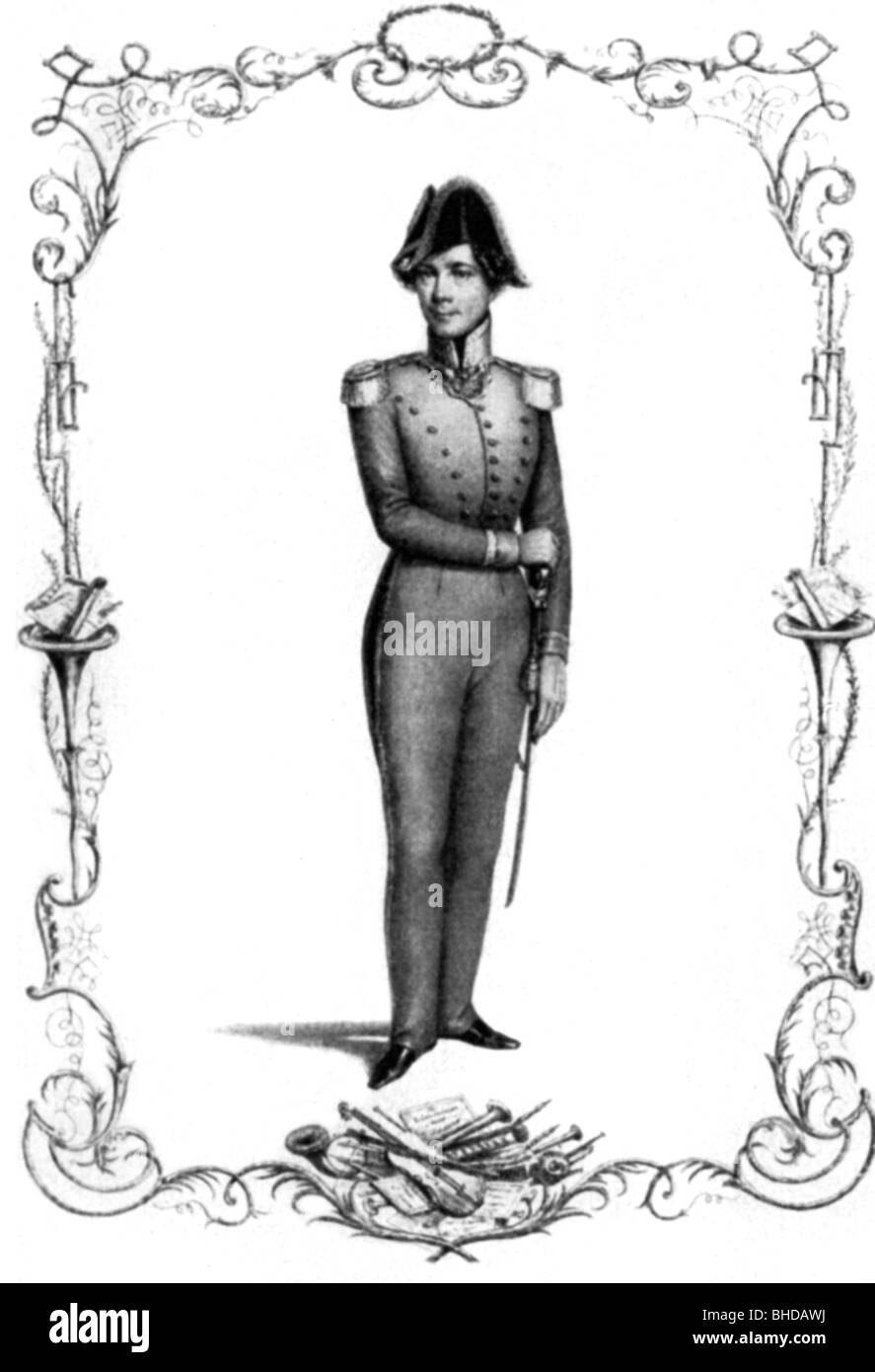 Lanner, Joseph, 11.4.1801 - 14.4.1843, Austrian composer, full length, in uniform, as bandmaster of the 2nd Vienna Militia Regiment, lithograph, circa 1840, Stock Photo