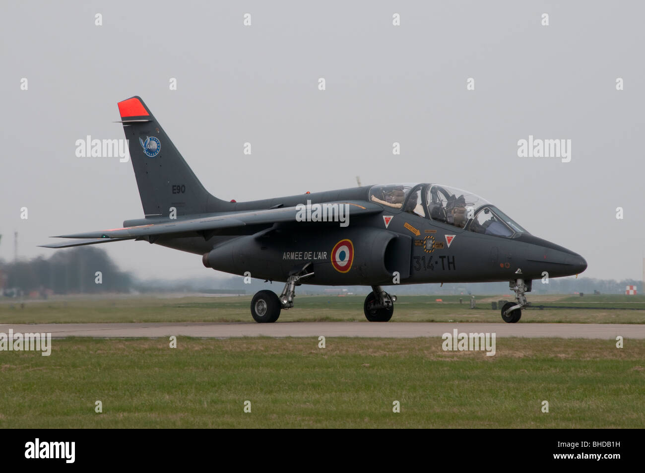 Visiting French Alpha jet taxing out to the runway at RAF Conningsby Stock Photo