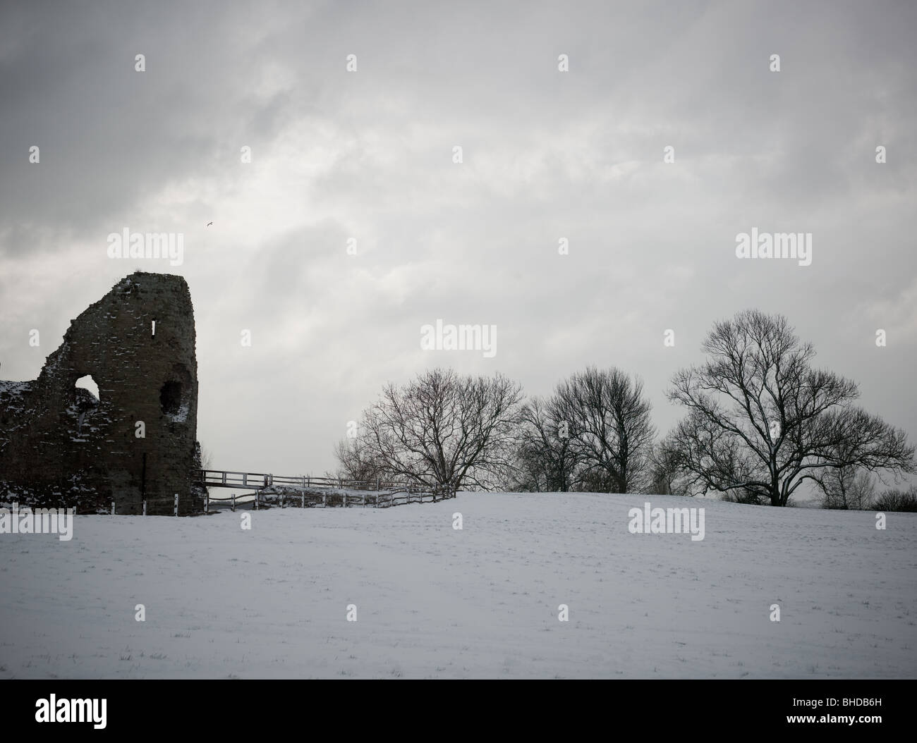 Castle ruins covered in snow. Stock Photo