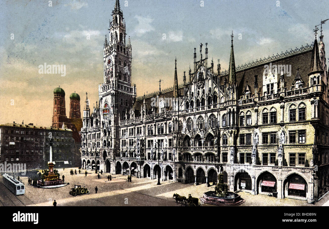 geography / travel, Germany, Munich, Marienplatz with new city hall, coloured picture postcard, circa 1909, Stock Photo