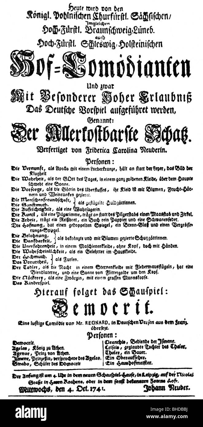 Neuber, Frederike Karoline, 9.3.1697 - 30.11.1760, German actress, works, 'Der allerhoechste Schatz', play bill, Leipzig, 4.10.1741, , Stock Photo