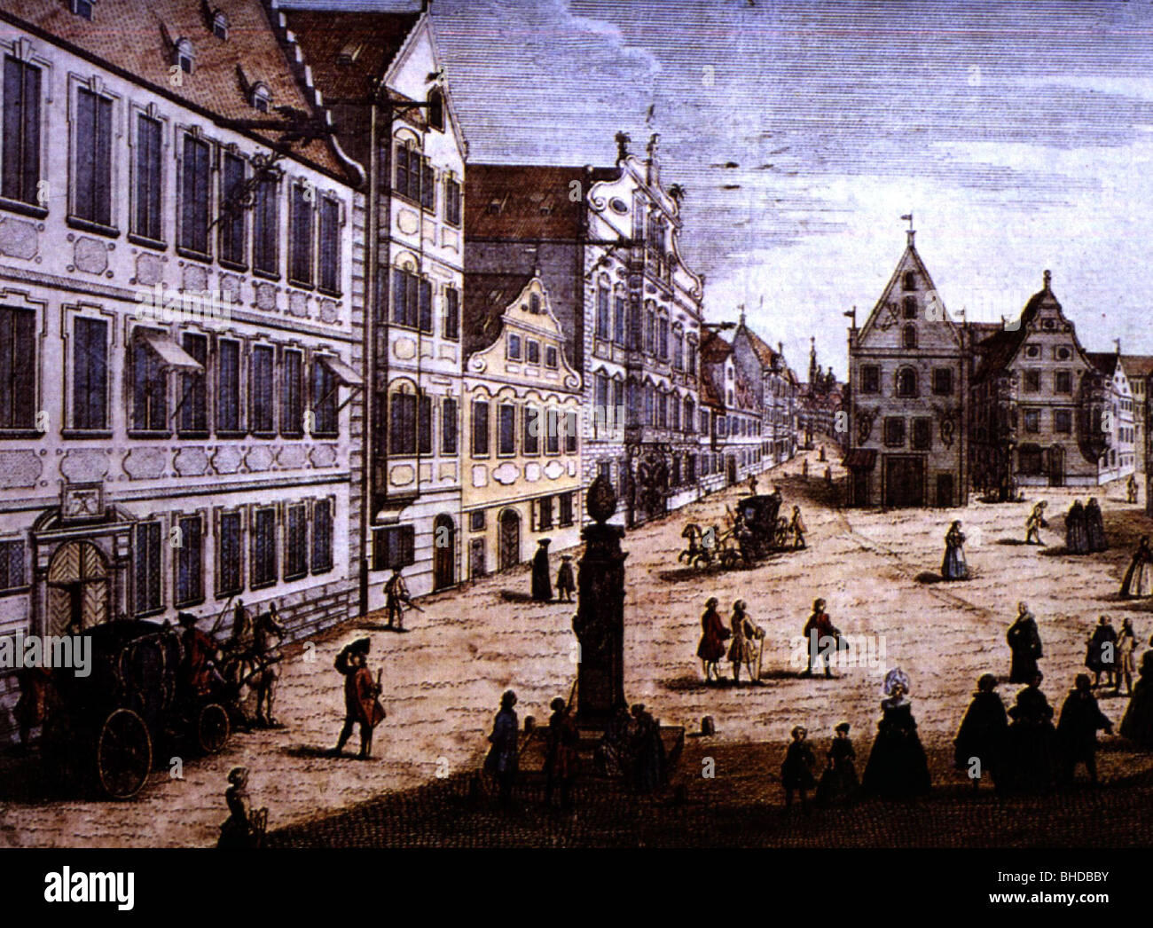 geography / travel, Germany, Augsburg, anonymous copper engraving by anonymous, 18th century, historic, historical, Central Europe, inner city, midtown, city centre, town centre, urban core, old town, square, squares, commercial town, commercial towns, people, Stock Photo