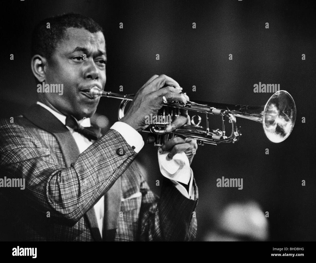 Mo, Billy, 22.2.1923 - 16.7.2004, German musician (jazz trumpeter), half length, playing trumpet, at the Schlager Festival in Baden-Baden, Germany, 15.6.1963, Stock Photo