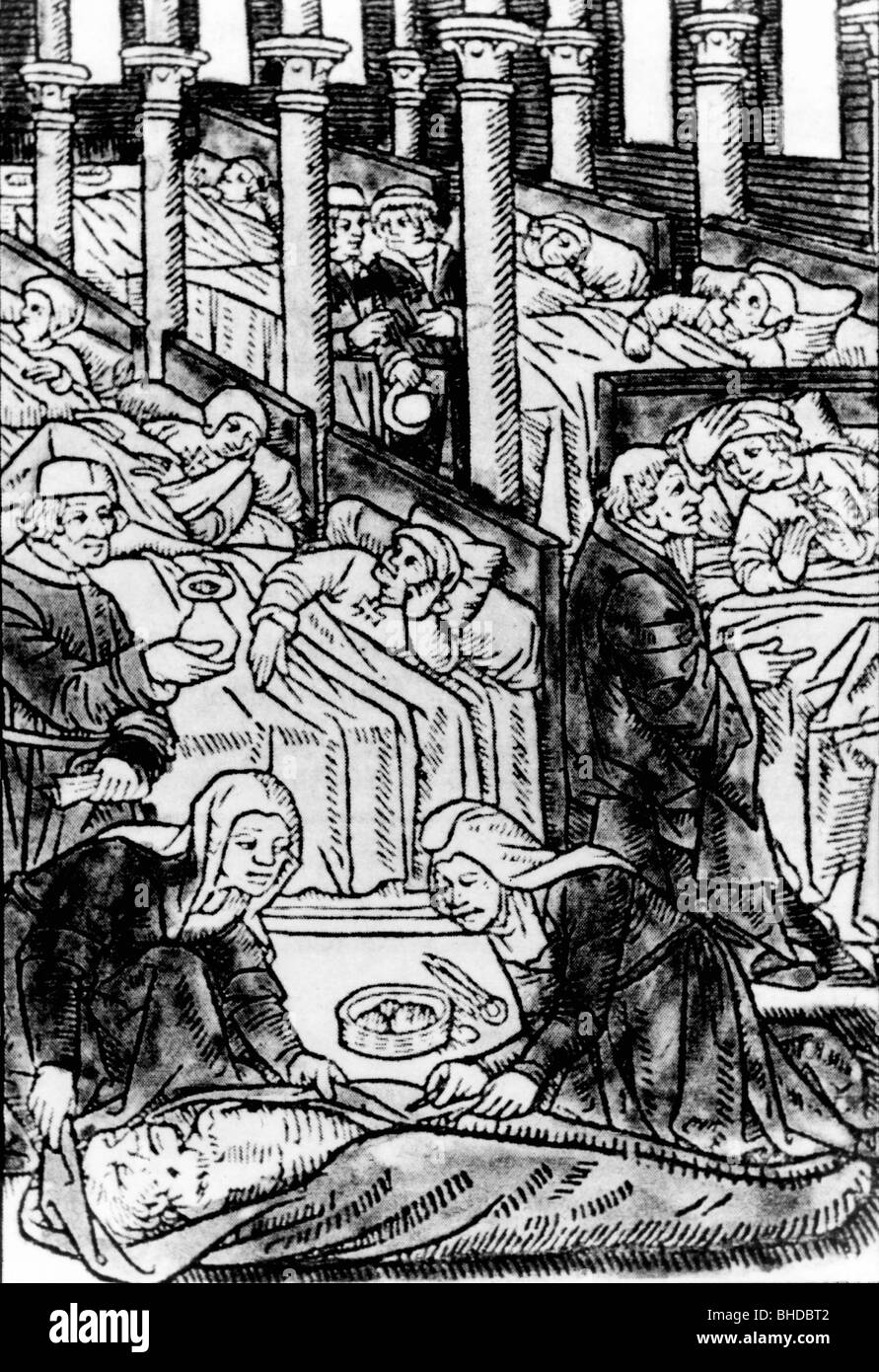 medicine, hospital, health care, woodcut by Jean Petit, 15th century, historic, historical, nursing, home health care, home nursing, medieval times, Middle Ages, monks, monk, nun, nuns, death person, body, sack, corpse, sick-bed, sickbed, sick-beds, sickbeds, patients, sick bay, hospital, sick bays, hospitals, people, Stock Photo