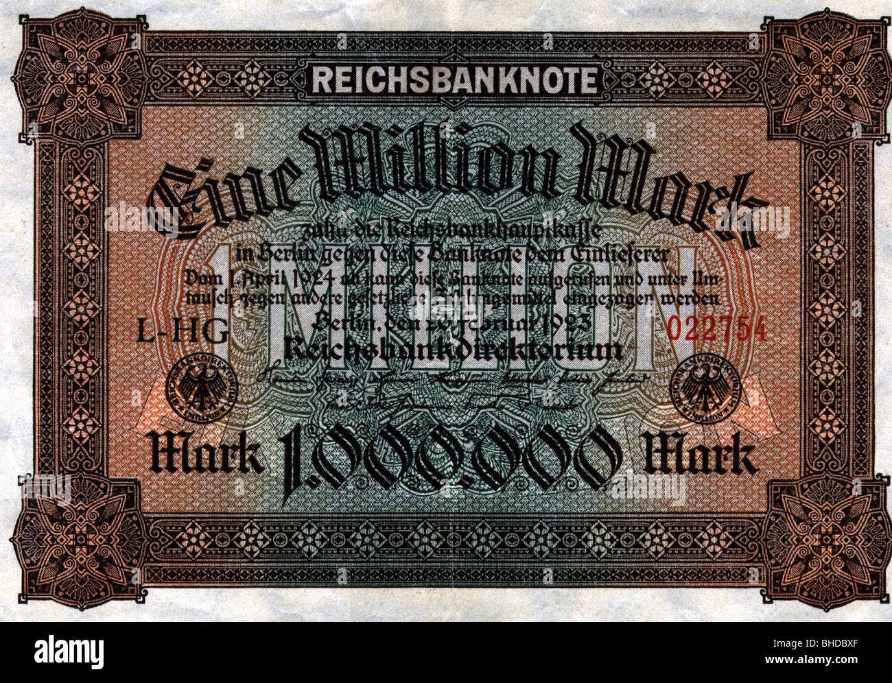 money / finance, inflation money, Germany, 1 million Reichsmark, Berlin, 20.2.1923, Stock Photo