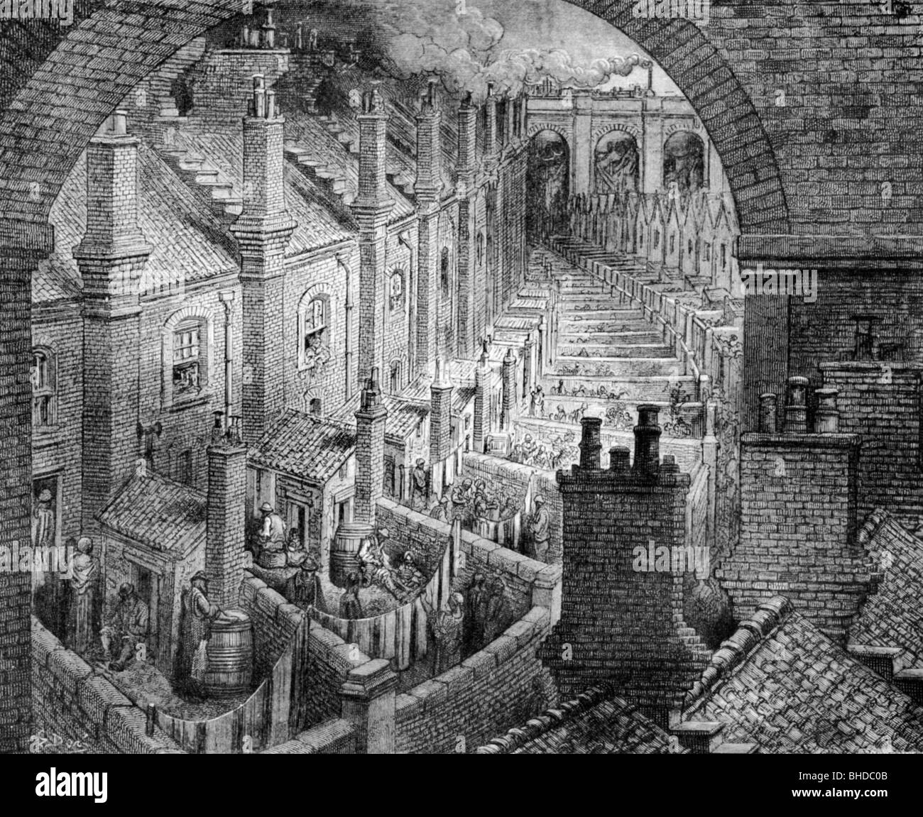 geography / travel, Great Britain, London, flats of working class, drawing by Gustave Dore, mid 19th century, historic, historical, slum, slums, misery, adversity, poverty, labour force, workforce, working classes, organized labour, workmanship, settlement, settlements, capital, metropolis, behemoth, industrialization, industrialisation, quarter, district /dist./, districts, chimney, smokestack, chimneys, smokestacks, Western Europe, backyard, backyards, England, Artist's Copyright has not to be cleared Stock Photo
