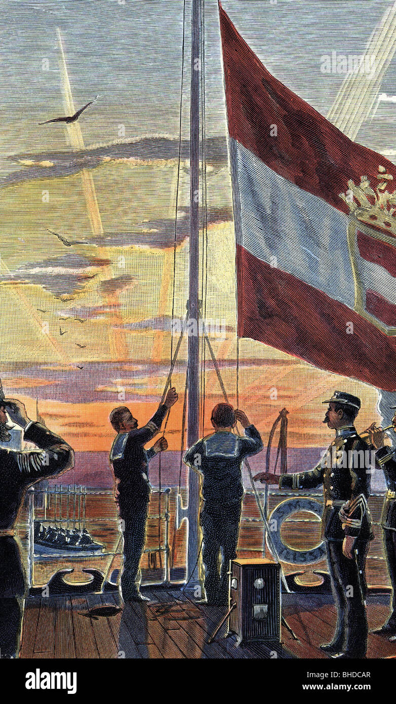 geography / travel, Austria-Hungary, military, navy, taking the flag in at sunset, coloured wood engraving, 1894, Stock Photo