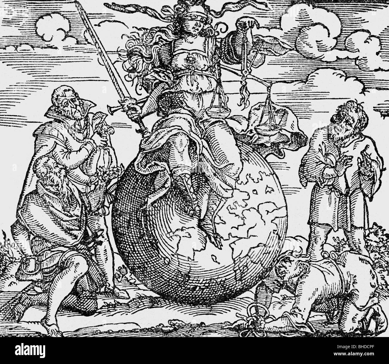 Iustitia (Lady Justice), Roman goddess of justice, half length sitting on globe, holding the scales, woodcut, 16th century, Stock Photo