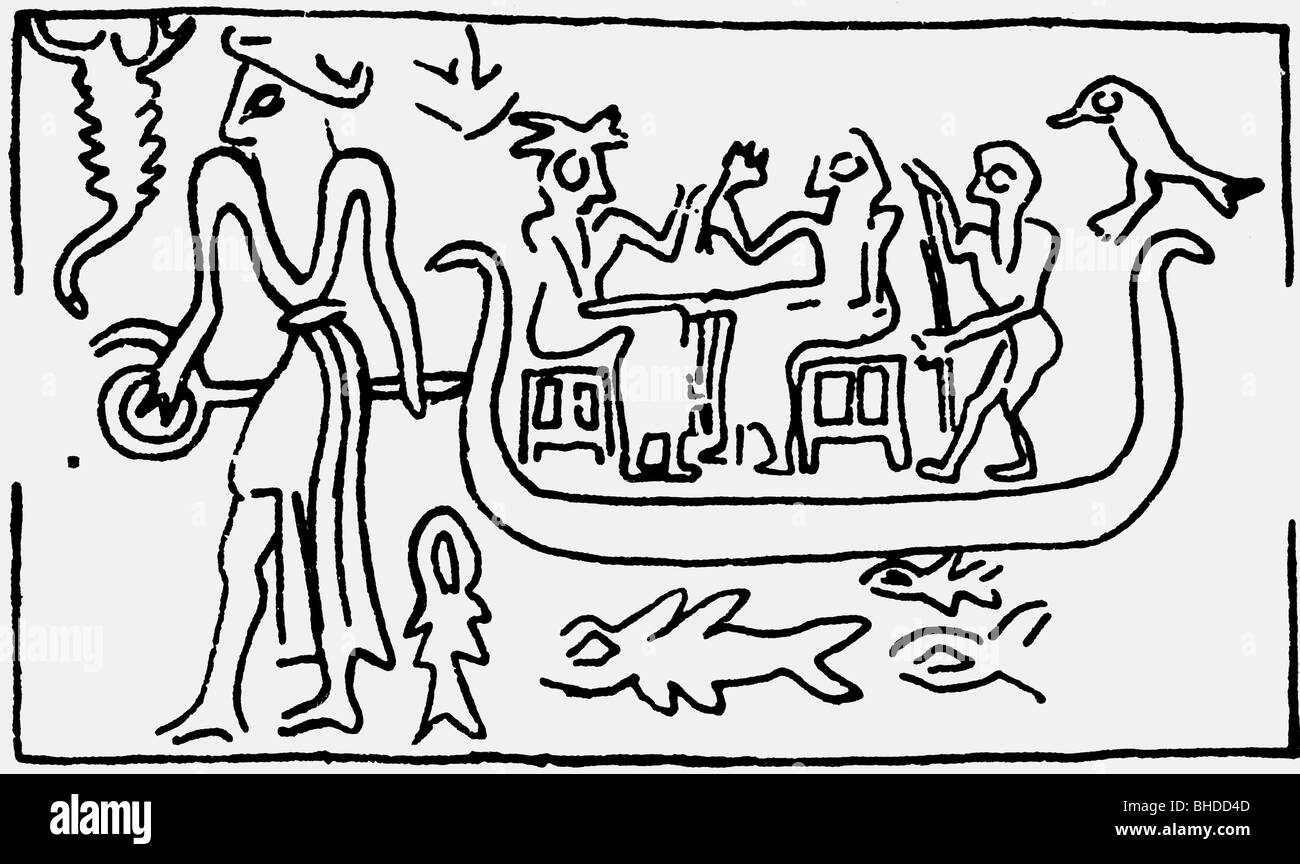 disasters, floods, illustration of a flood, drawing after cylinder seal, Babylon, 3rd millenium BC, disaster, dove, Epic of Gilgamesh, ship, boar, ark, prehistoric, Mesopotamia, Asia, historic, historical, ancient world, Stock Photo