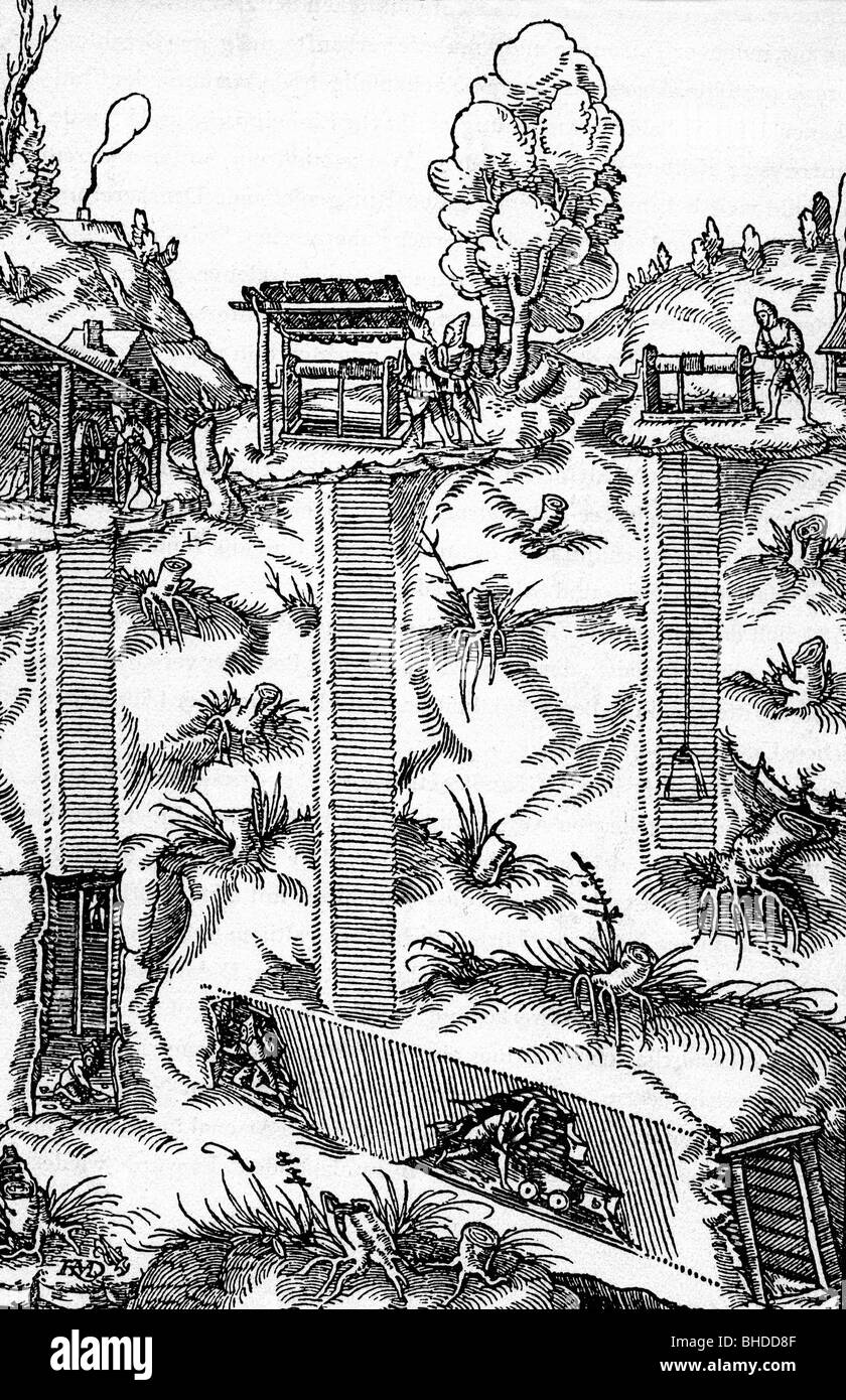mining, shafts / adits, different ways to enter the mine shaft, woodcut from 'Vom Bergwerk' (About the Mine), by Georgius Agricola (born Georg Bauer, 1494 - 1555), 1557, Stock Photo