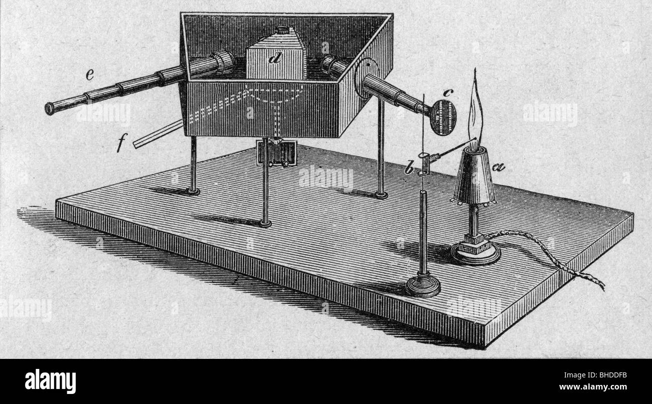 Bunsen, Robert Wilhelm, 30.3.1811 - 16.8.1899, German chemist, spectroscope he developed together with Gustav Kirchhoff, wood engraving, 19th century, Stock Photo