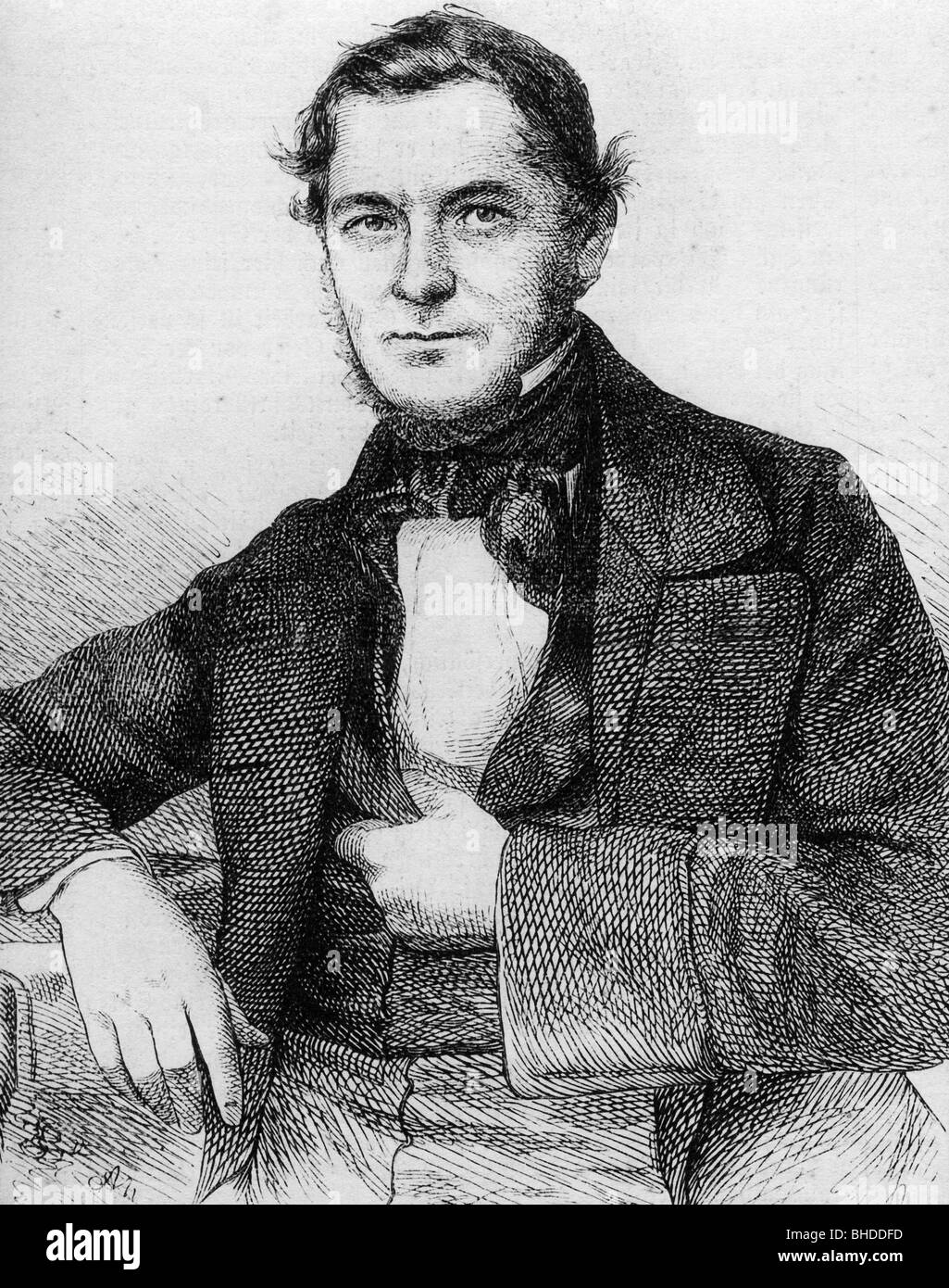 Bunsen, Robert Wilhelm, 30.3.1811 - 16.8.1899, German chemist, half length, wood engraving, 19th century, after photo by L. Meder, Heidelberg, Germany, , Stock Photo