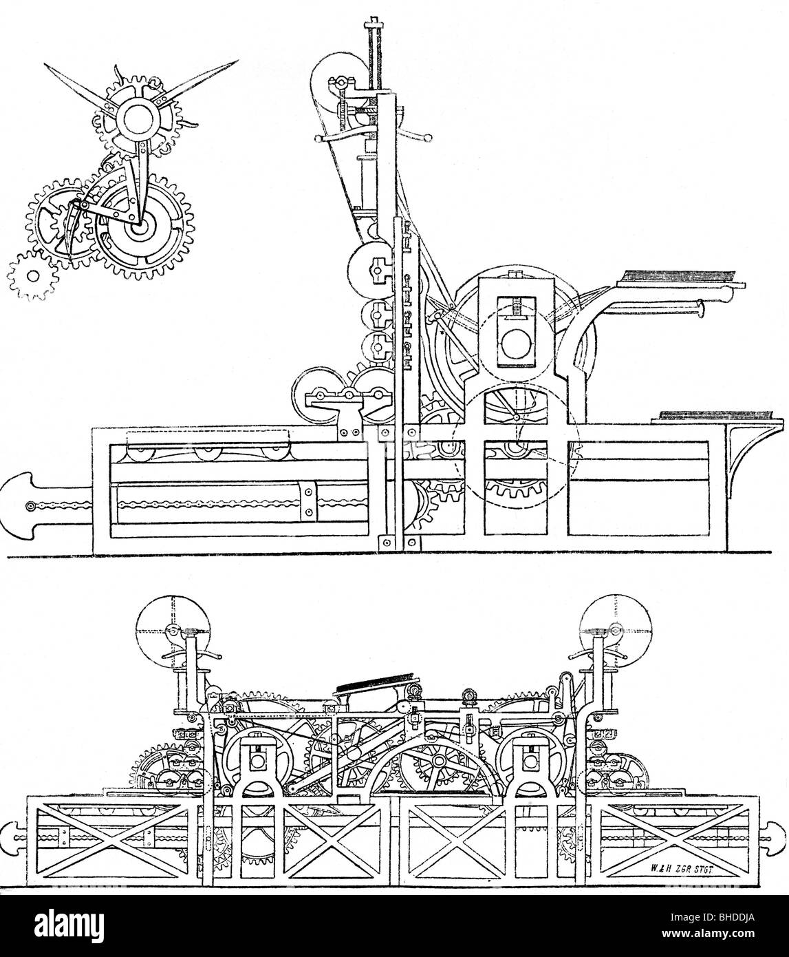 Koenig, Friedrich, 17.4.1774 - 17.1.1833, German printer, inventor of the high-speed printing press 1811, his invention, scheme, , Stock Photo