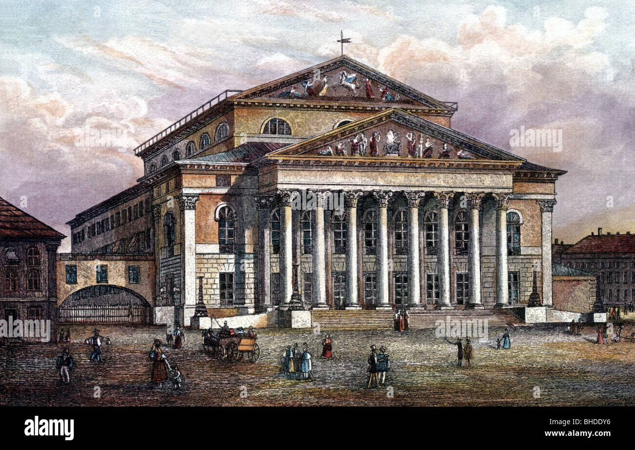 geography / travel, Germany, Munich, Nationaltheater, built: 1812, colour printing after image, 1843, 19th century, historic, historical, 1840s, court theatre, royal theatre, opera house, opera houses, building, buildings, architecture, exterior view, people, Stock Photo